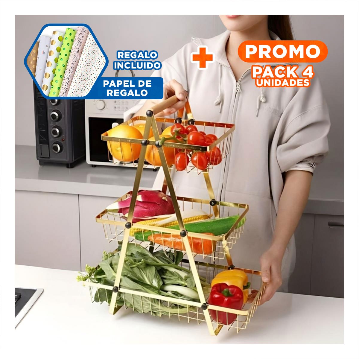 PACK4 PORTA FRUTAS TRIANGULAR 3 NIVELES PARA VERDURAS Y FRUTAS DORADO Y+PAPEL REGALO - 1