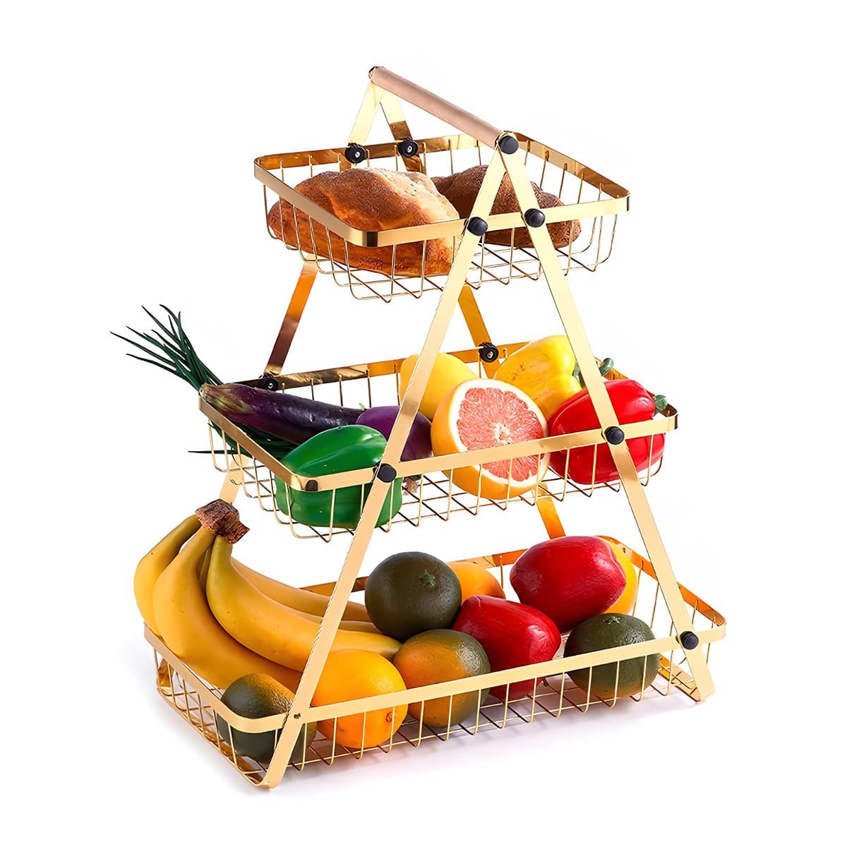 PACK4 PORTA FRUTAS TRIANGULAR 3 NIVELES PARA VERDURAS Y FRUTAS DORADO Y+PAPEL REGALO - 3