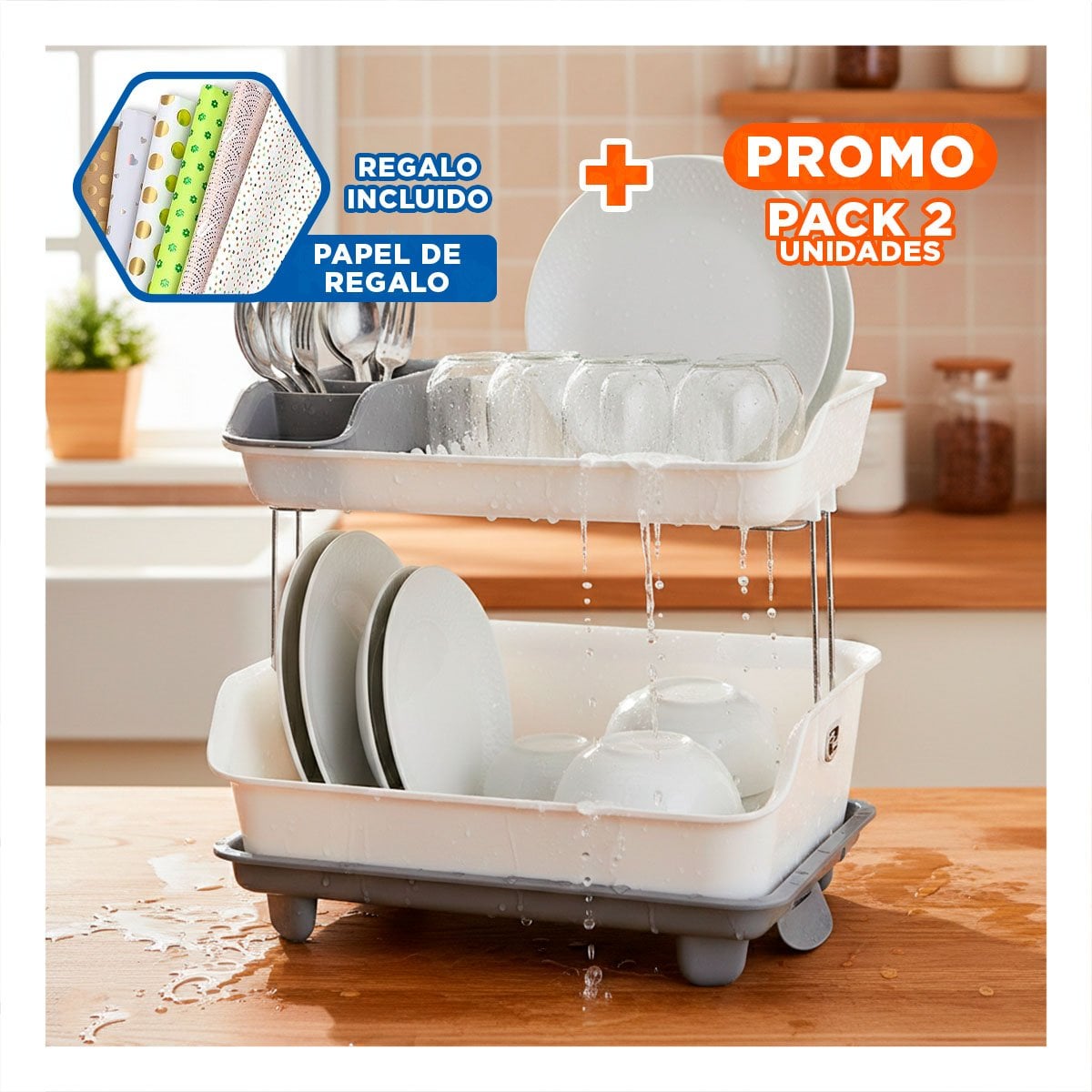 PACK2 ESCURRIDOR PARA COCINA 2 NIVELES PLASTICO RESISTENTE Y DURADERO PLOMO Y+PAPEL REGALO - 1