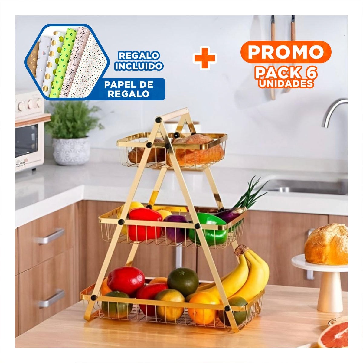 PACK6 CONTENEDOR TRIANGULAR 3 NIVELES PARA COCINA Y FRUTAS DORADO Y+PAPEL REGALO - 1