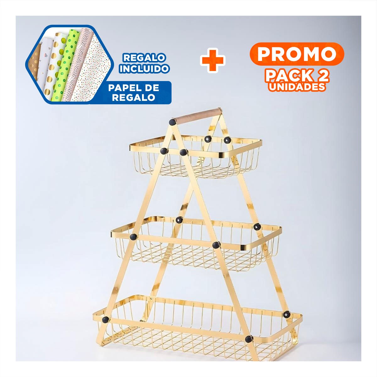 PACK2 PORTA FRUTAS TRIANGULAR 3 NIVELES PARA FRUTAS Y VERDURAS DORADO Y+PAPEL REGALO - 1