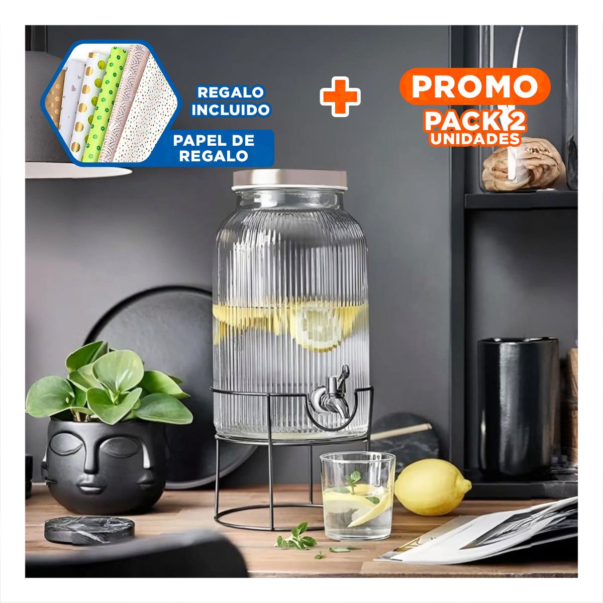 PACK2 SERVIDOR DE BEBIDA PARA AGUA FRESCA Y REFRESCOS NEGRO Y TRANSPARENTE 5,5L Y+PAPEL REGALO - 1