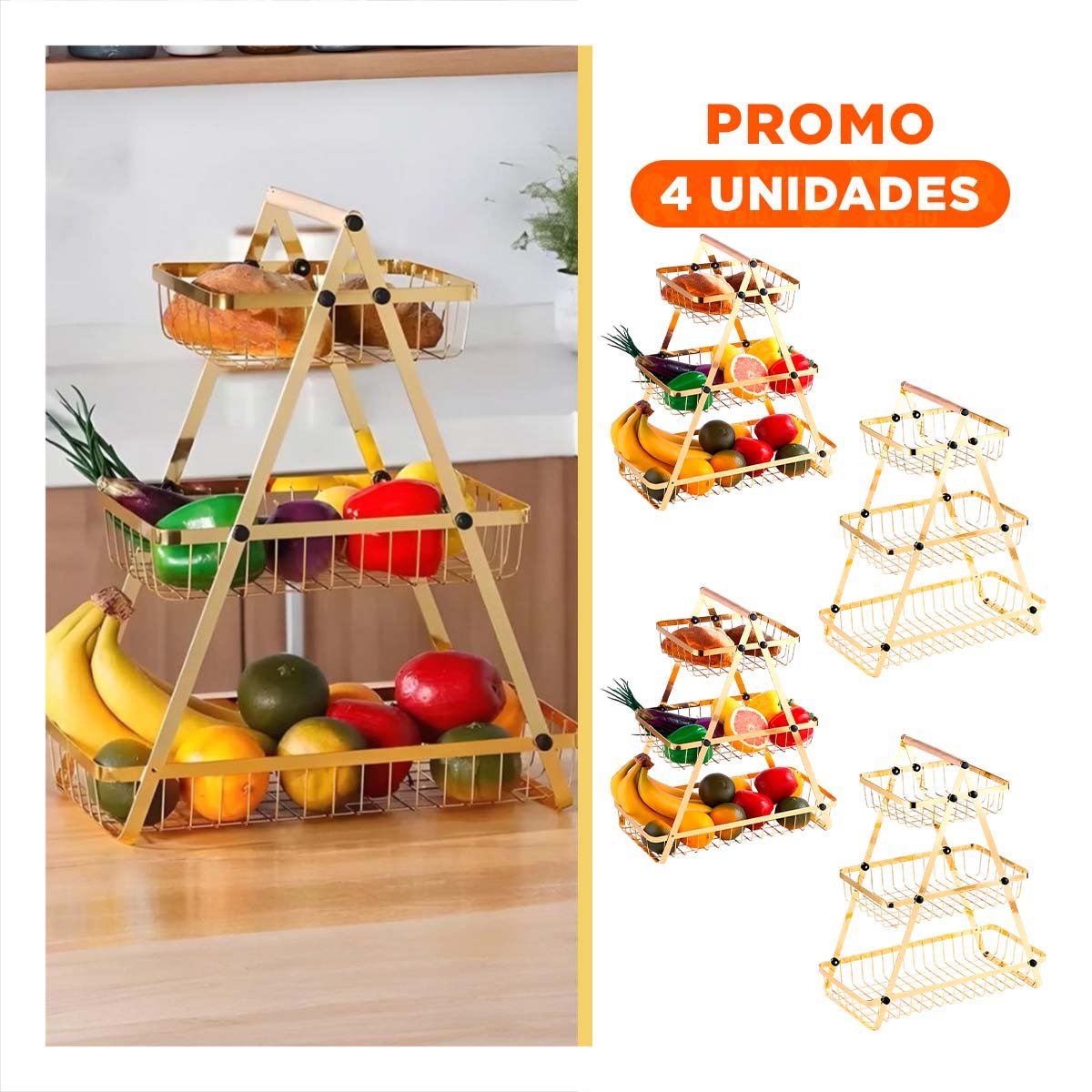 PACK4 REPISERO TRIANGULAR 3 NIVELES PARA FRUTAS Y MESA DORADO Y+REGALO STICKER - 1