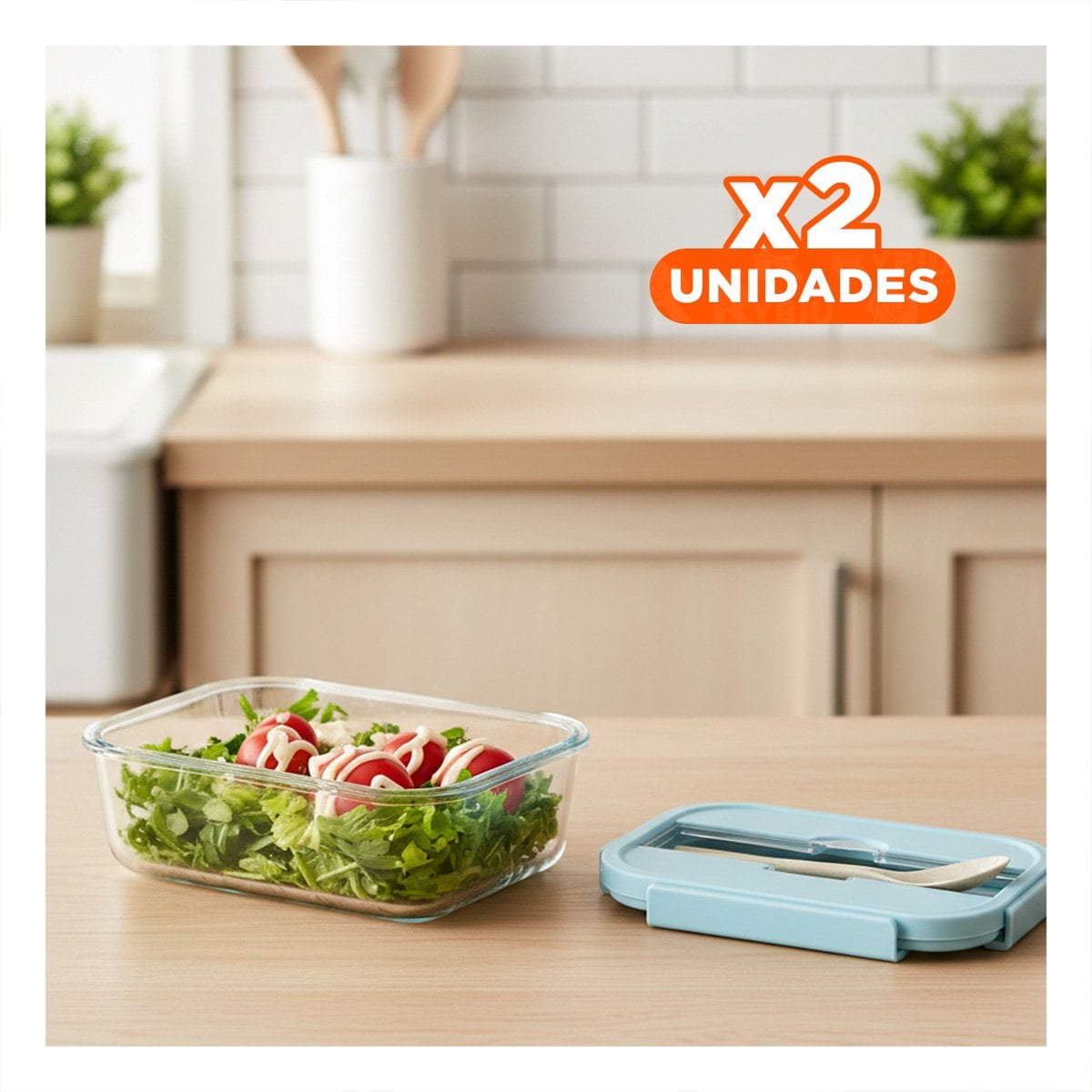 PACK2 CAJA DE VIDRIO HERMETICA PARA COMIDAS CASERAS CELESTE Y+REGALO STICKER - 1