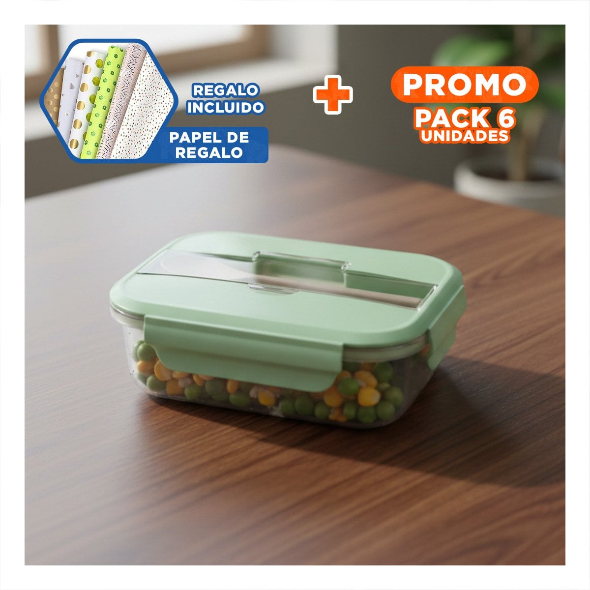 PACK6 MODULAR DE VIDRIO PARA ALMUERZO DIARIO O SNACKS VERDE Y+PAPEL REGALO - 1