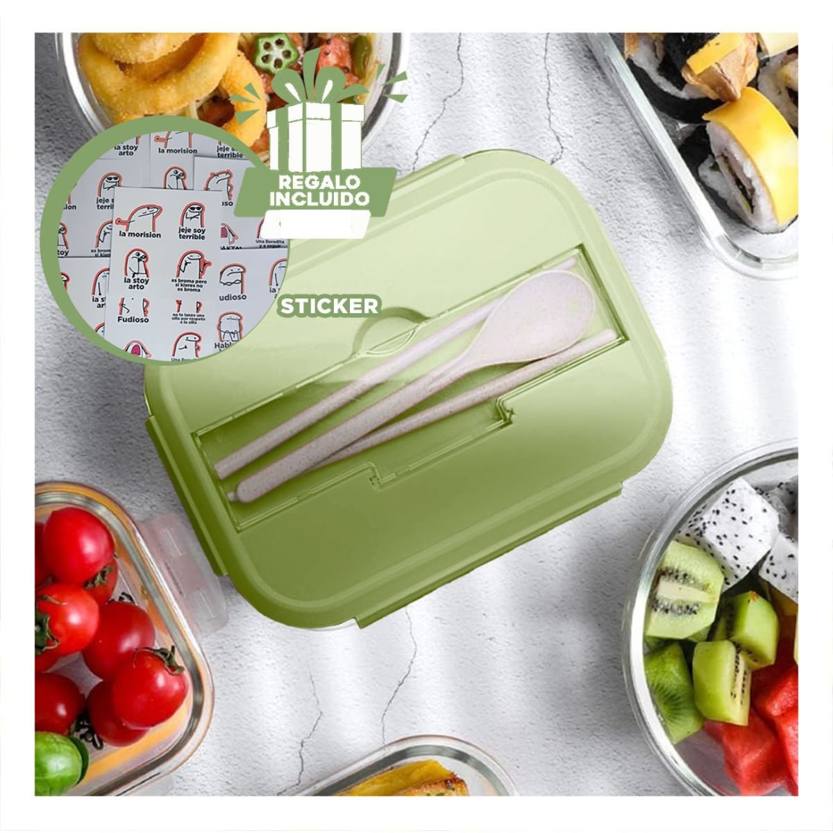 ENVASE REUTILIZABLE DE VIDRIO CON CUBIERTOS TAPA VERDE Y+REGALO STICKER - 1