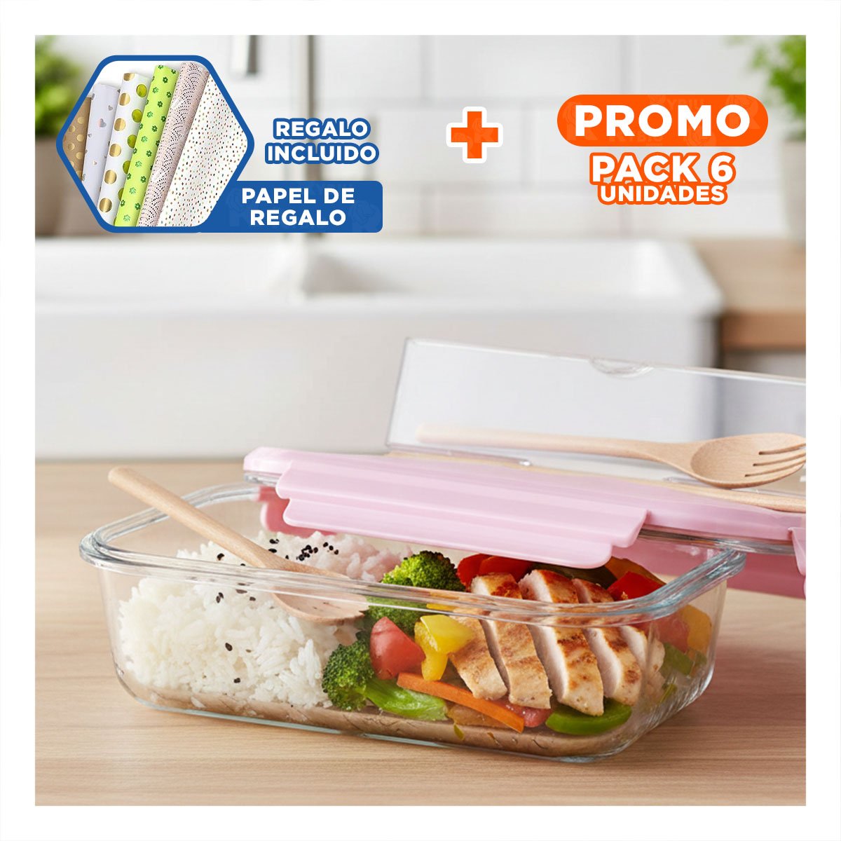 PACK6 ORGANIZADOR PORTA COMIDAS CON ACCESORIOS ROSADO Y+PAPEL REGALO - 1