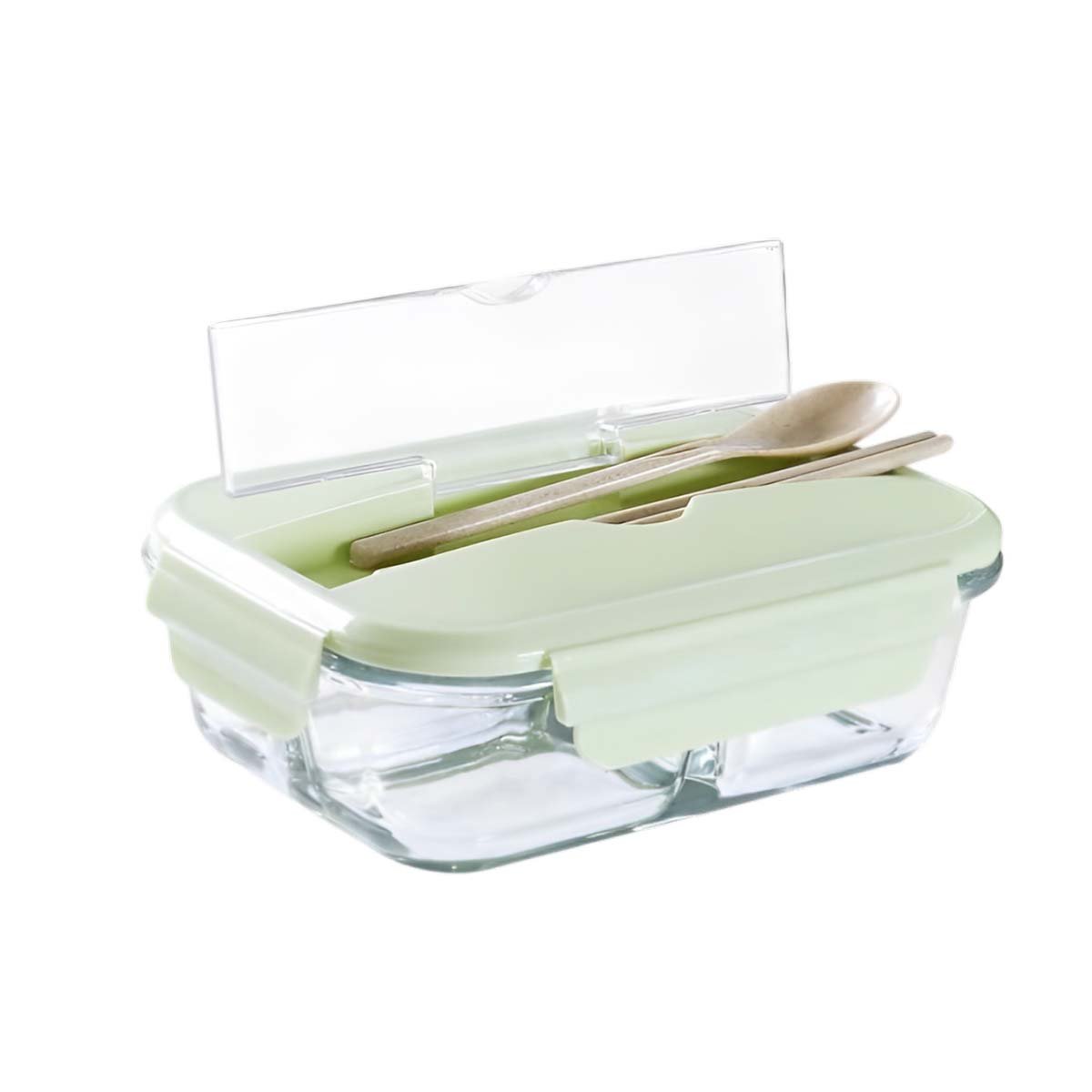 ENVASE HERMETICO DE VIDRIO CON CUBIERTOS Y BROCHE VERDE Y+PAPEL REGALO - 1