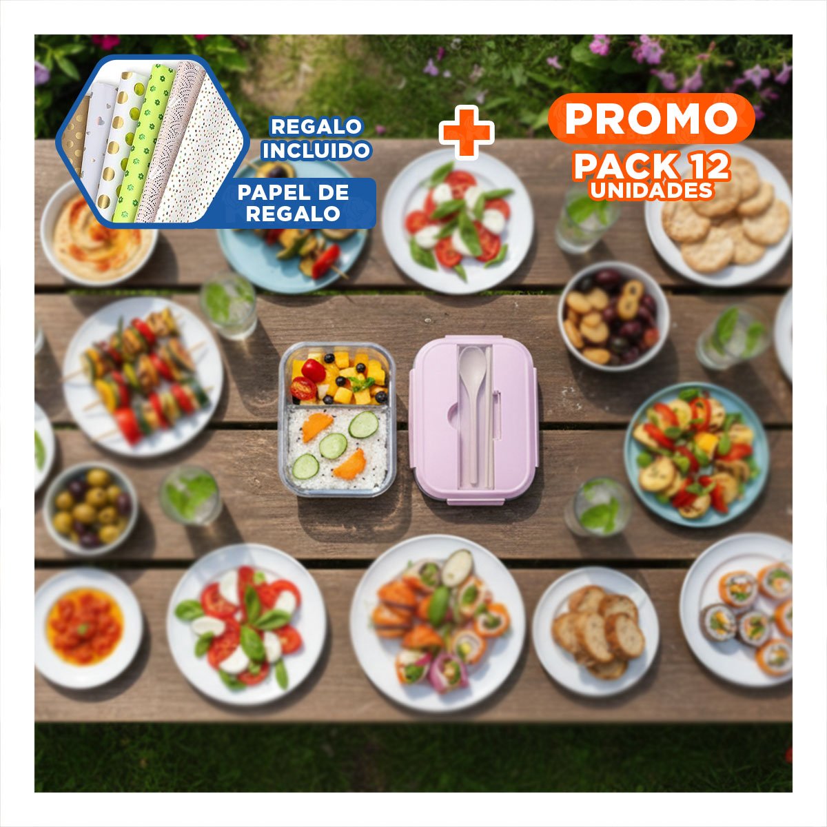PACK12 CAJA PORTATIL DE VIDRIO 2 DIVISIONES CONTAPA ROSADO PARA PICNIC Y+PAPEL REGALO - 1