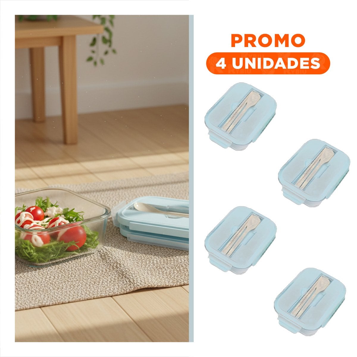 PACK4 CONSERVADOR DE VIDRIO CON CUBIERTOS PARA LLEVAR SNACKS CELESTE Y+REGALO STICKER - 1