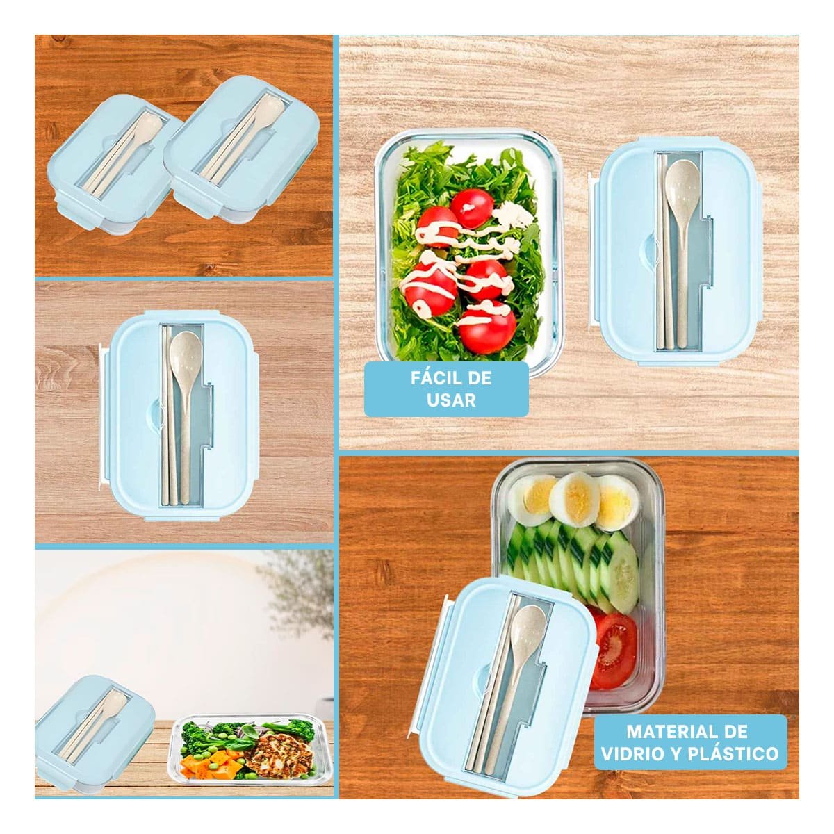 PACK4 CONSERVADOR DE VIDRIO CON CUBIERTOS PARA LLEVAR SNACKS CELESTE Y+REGALO STICKER - 2