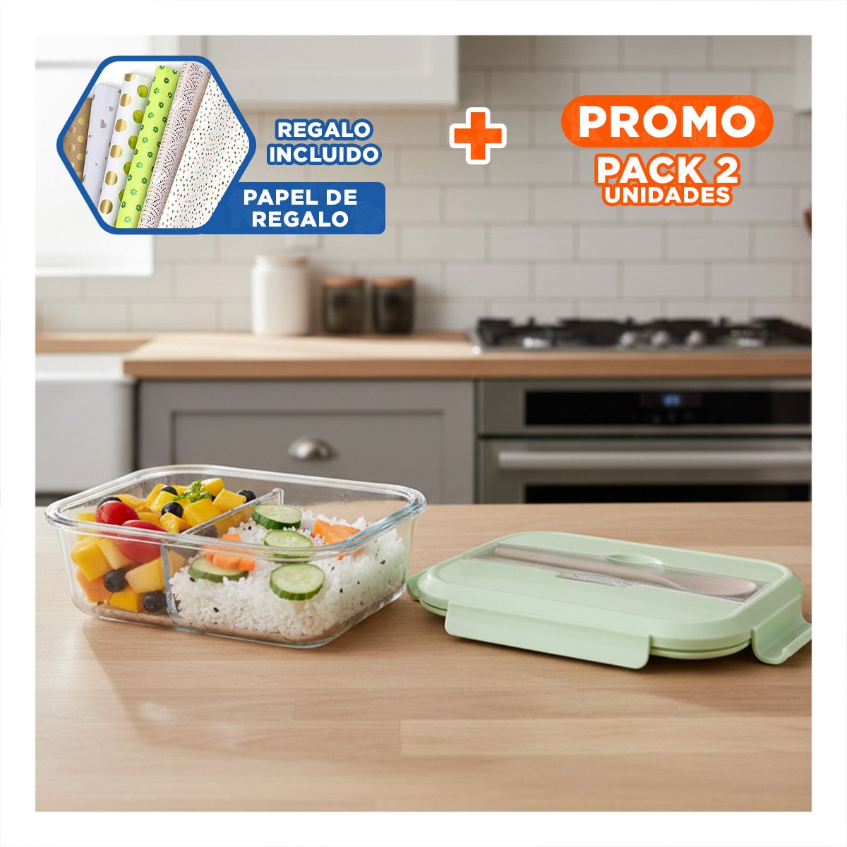 PACK2 CAJA PORTATIL PARA SNACKS CON SEPARADOR VERDE Y+PAPEL REGALO - 1