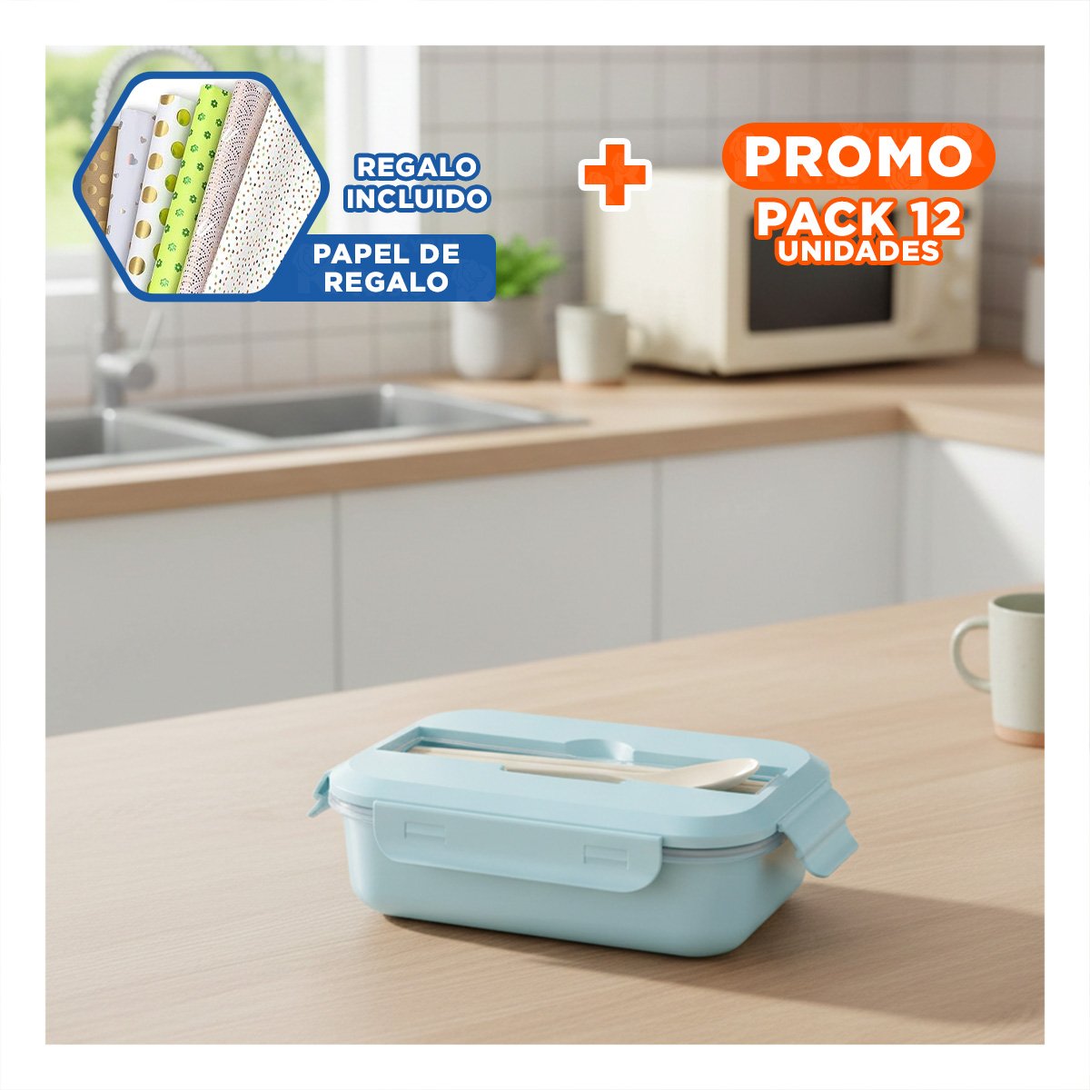 PACK12 CUBETA DE VIDRIO PARA ALMUERZO O SNACK DIARIO CELESTE Y+PAPEL REGALO - 1