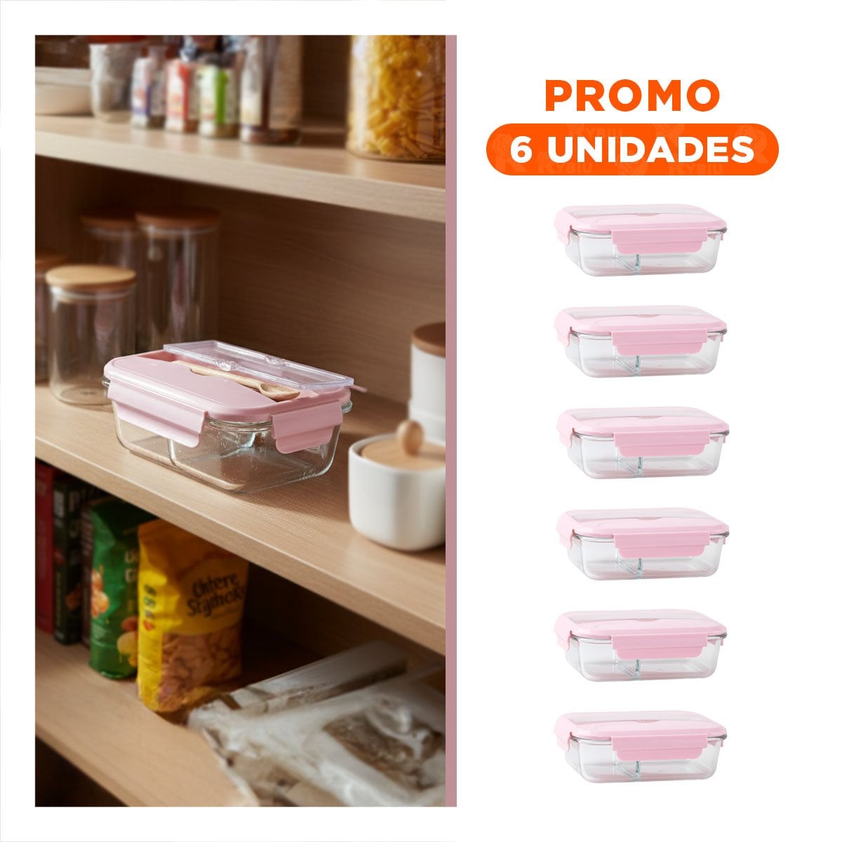 PACK6 UNIDAD HERMETICA DE VIDRIO 2 DIVISIONES CON CUBIERTOS TAPA ROSADO - 1