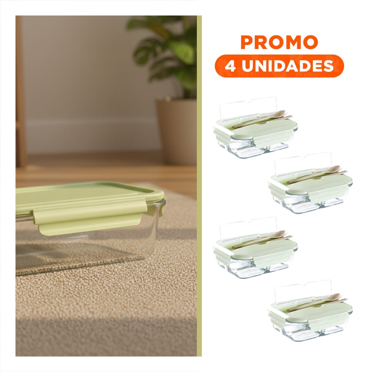 PACK4 ORGANIZADOR DE VIDRIO CON CUBIERTOS Y TAPA VERDE PARA LONCHERA Y+REGALO STICKER - 1