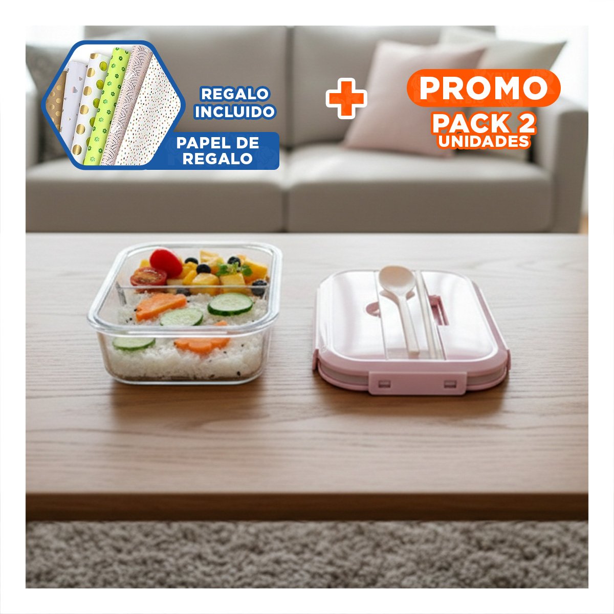 PACK2 ENVASE HERMETICO DE VIDRIO 2 DIVISIONES CON CUBIERTOS TAPA ROSADO Y+PAPEL REGALO - 1