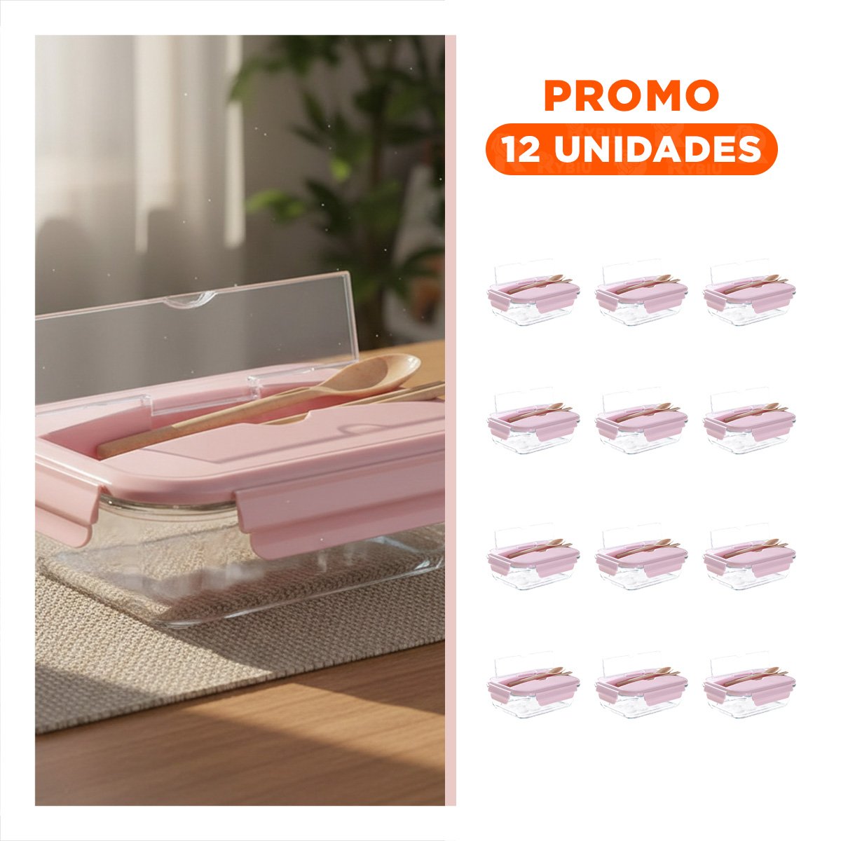 PACK12 CUBETA DE VIDRIO CON CUBIERTOS PARA TRANSPORTE DIARIO ROSADO Y+REGALO STICKER - 1