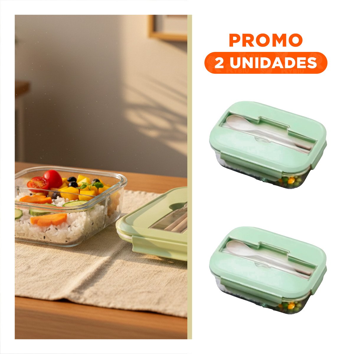 PACK2 CAJA DE VIDRIO CON CUBIERTOS Y 2 DIVISIONES PARA LLEVAR ALMUERZO VERDE - 1