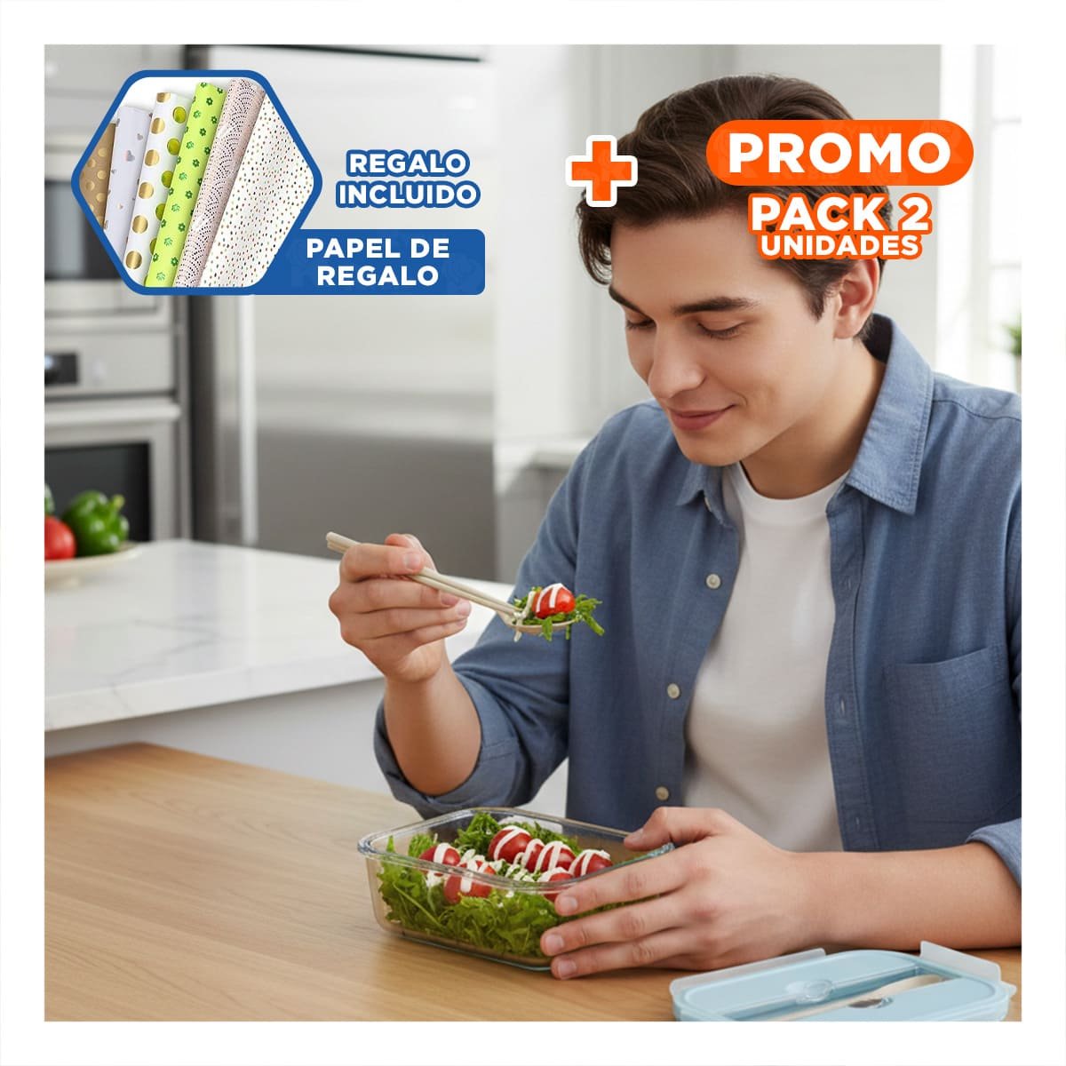 PACK2 CAJA PORTATIL PARA SNACKS CON SET DE CUBIERTOS CELESTE Y+PAPEL REGALO - 1