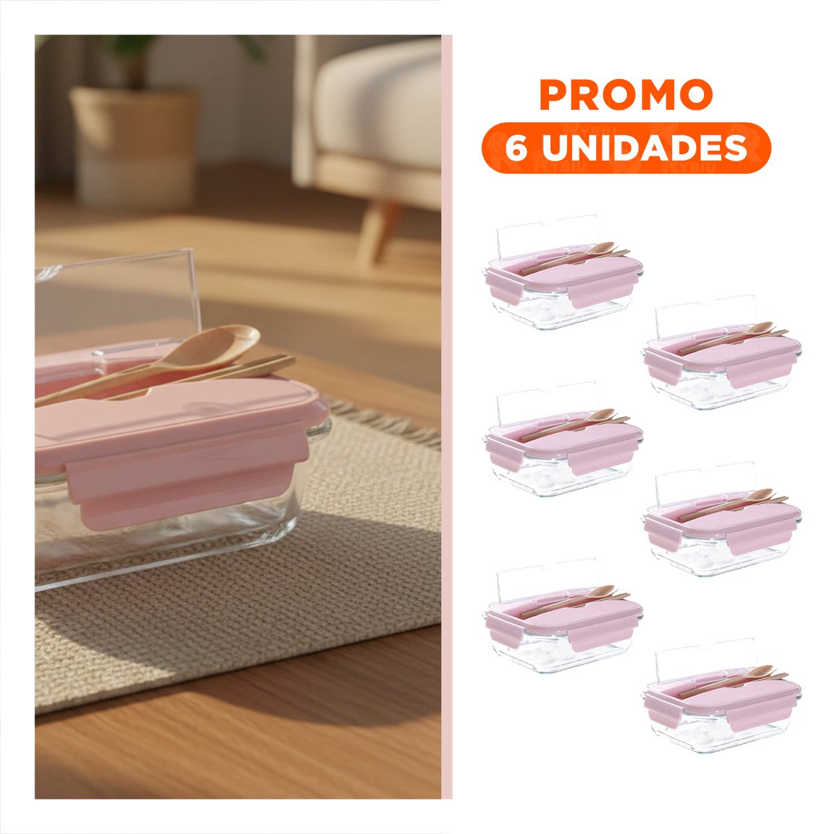 PACK6 ORGANIZADOR DE VIDRIO CON CUBIERTOS PARA ALMUERZO ROSADO - 1