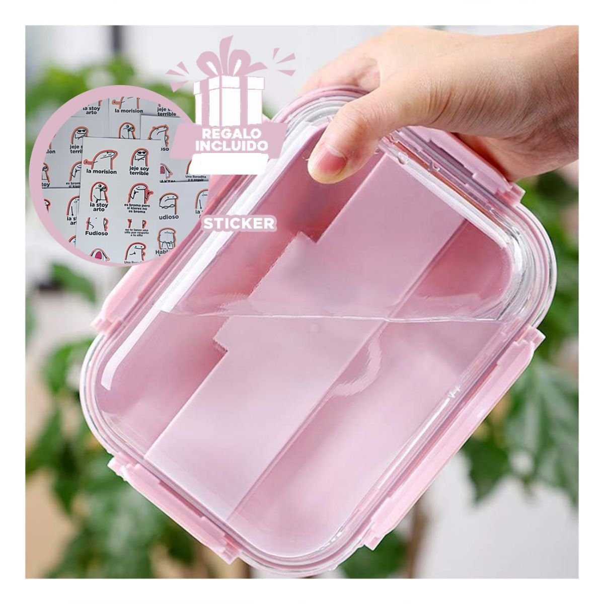 ENVASE DE VIDRIO PARA LLEVAR ALMUERZO PREPARADO ROSADO Y+REGALO STICKER - 1