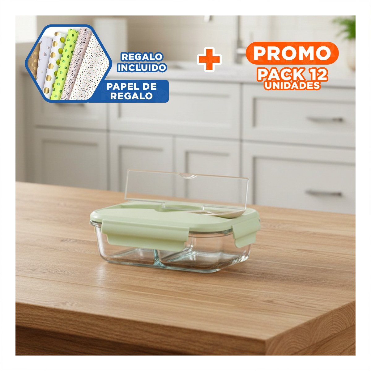 PACK12 ALMACENADOR COMPACTO DE VIDRIO CON CUBIERTOS Y TAPA VERDE PARA DESPENSA Y+PAPEL REGALO - 1