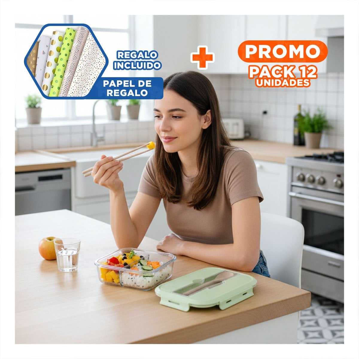 PACK12 ALMACENADOR PARA LLEVAR COMIDAS Y SNACKS VERDE Y+PAPEL REGALO - 1
