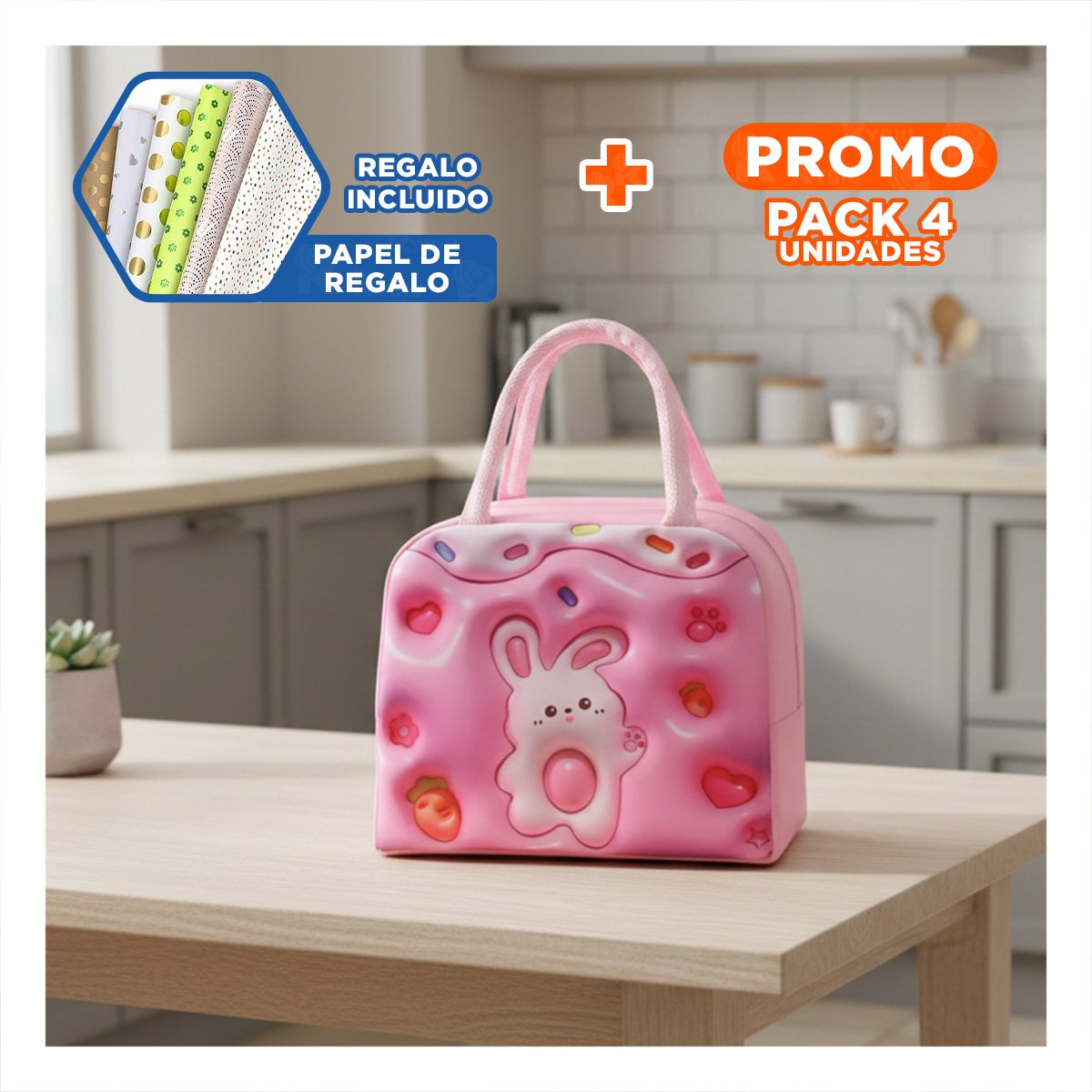 PACK4 RECIPIENTE TERMICO DE USO DIARIO FAMILIAR ROSADO Y+PAPEL REGALO - 1