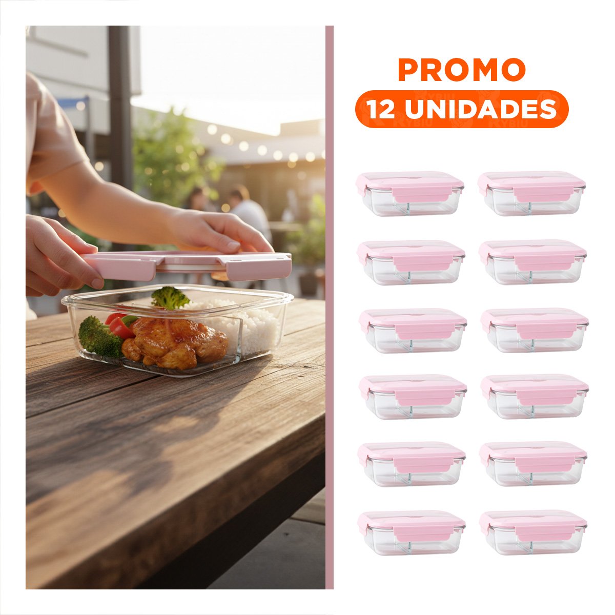 PACK12 CAJA REUTILIZABLE DE VIDRIO CON 2 DIVISIONES Y CUBIERTOS TAPA ROSADO Y+REGALO STICKER - 1