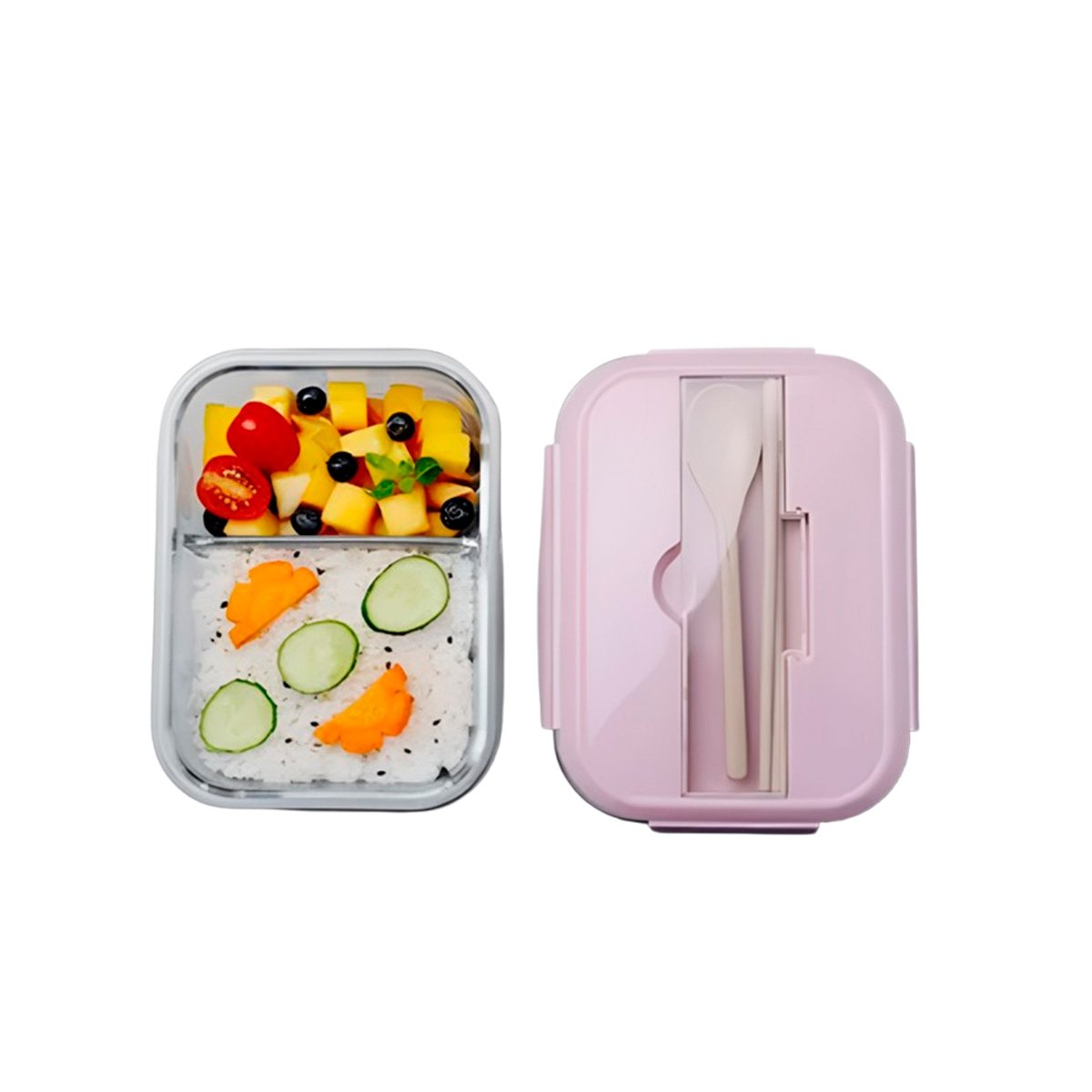 PACK12 CAJA REUTILIZABLE DE VIDRIO CON 2 DIVISIONES Y CUBIERTOS TAPA ROSADO Y+REGALO STICKER - 2