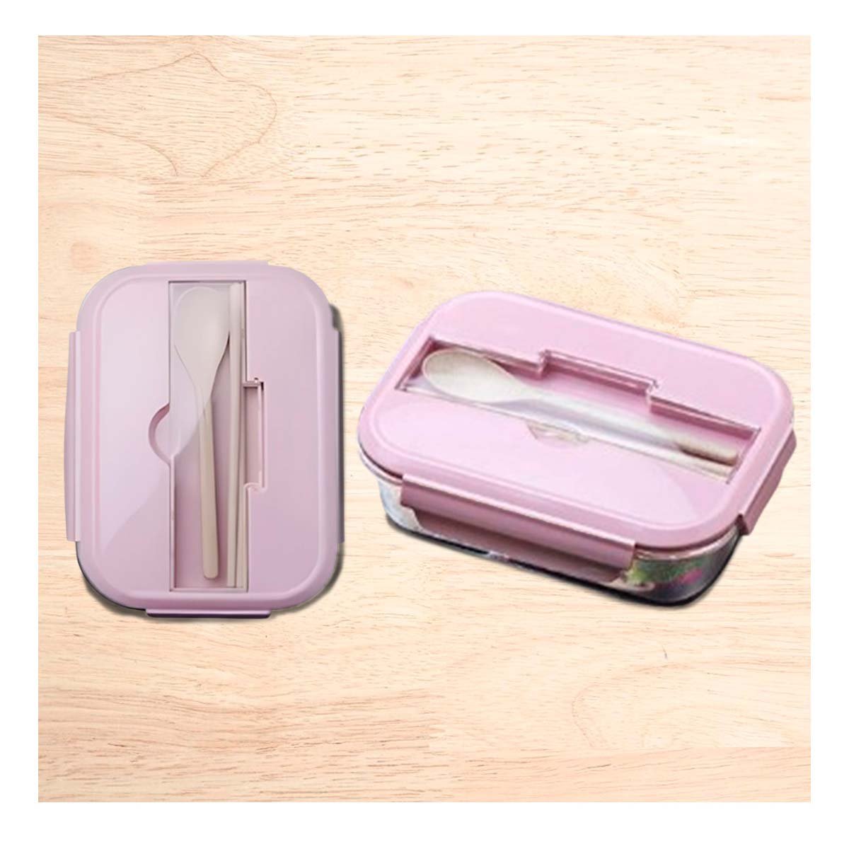 PACK12 CAJA REUTILIZABLE DE VIDRIO CON 2 DIVISIONES Y CUBIERTOS TAPA ROSADO Y+REGALO STICKER - 5