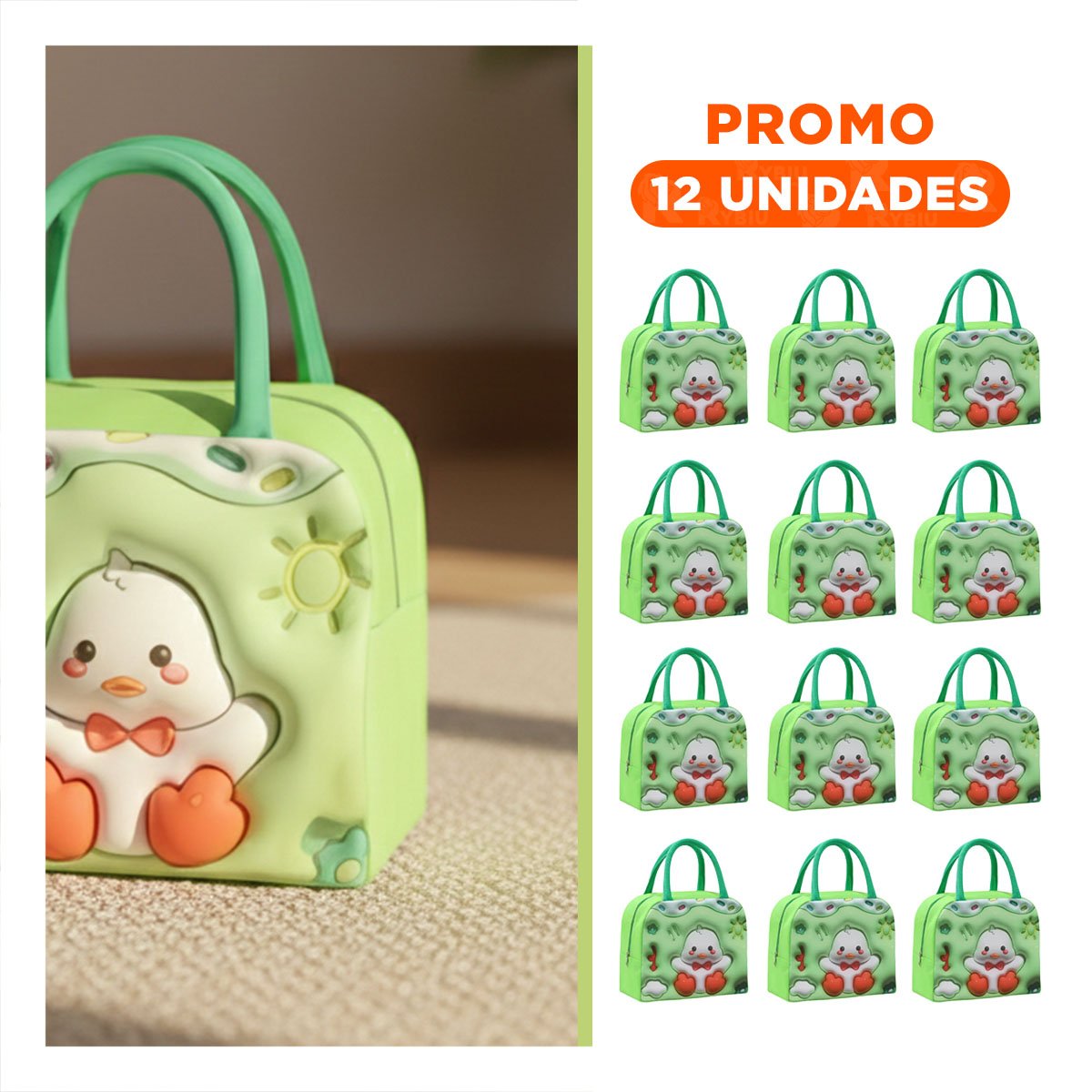 PACK12 ORGANIZADOR TERMICO CON ESTAMPADO DE PATO PARA USO DIARIO VERDE Y+REGALO STICKER - 1