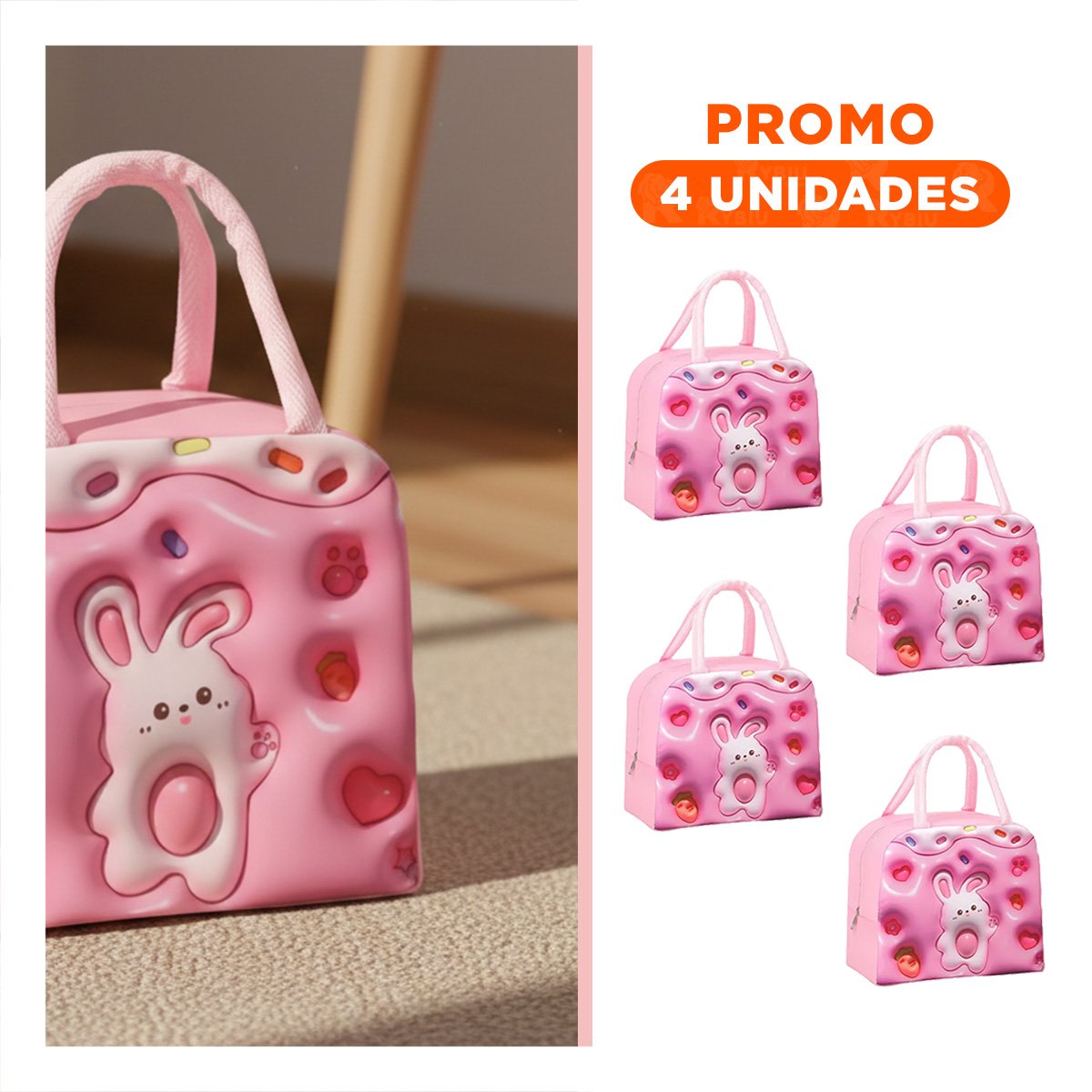 PACK4 FIAMBRERA TERMICA KAWAII CONEJO PARA SNACKS DIARIOS ROSADO Y+REGALO STICKER - 1