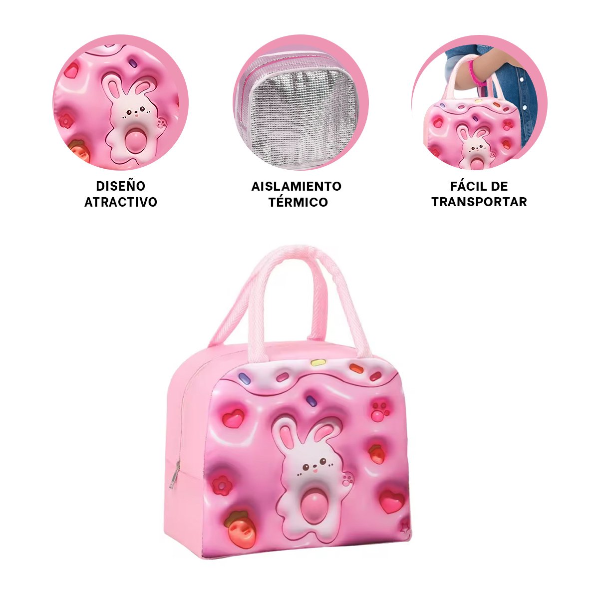 PORTA ALIMENTOS TERMICO KAWAII CONEJO USO DIARIO ROSADO - 3