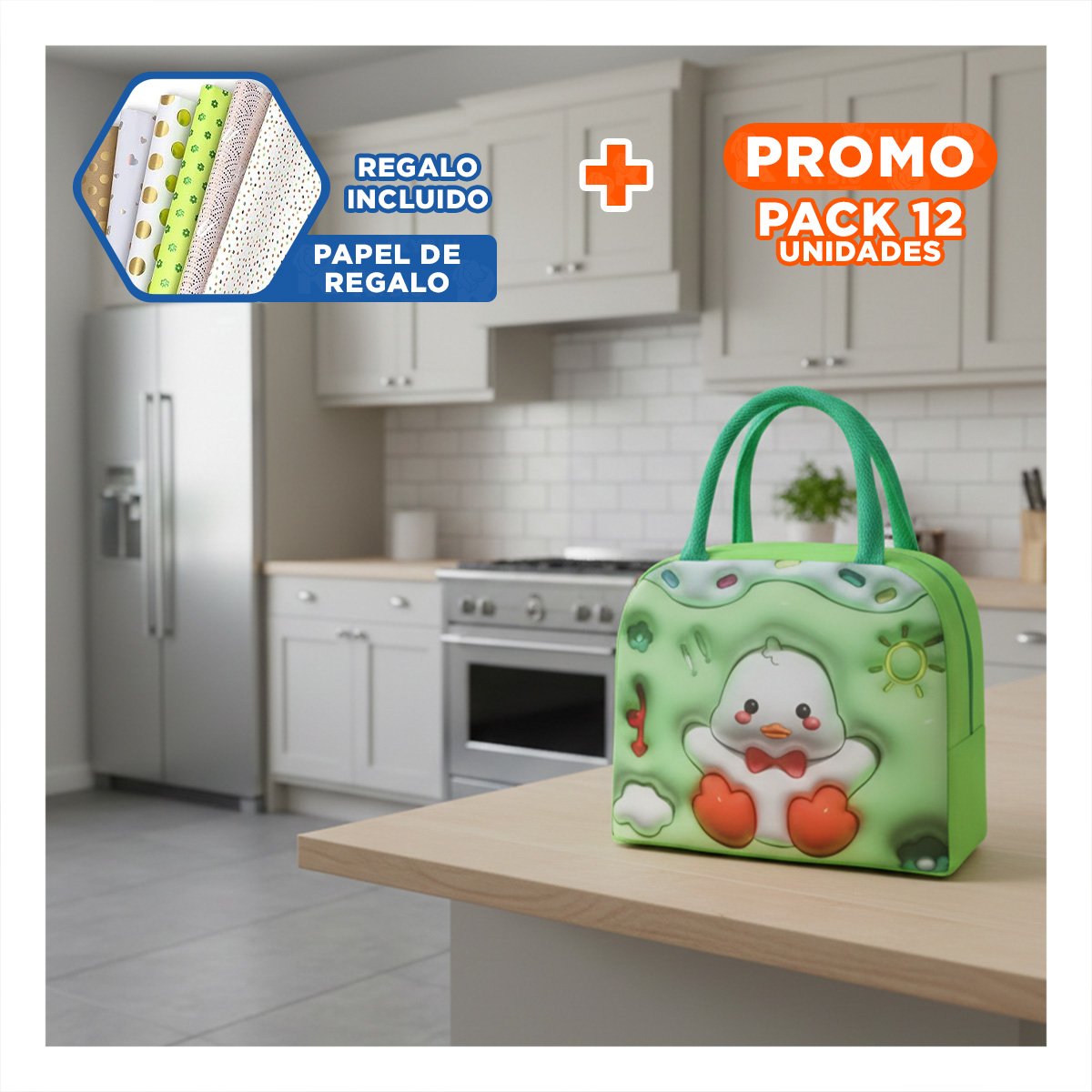 PACK12 ORGANIZADOR TERMICO PRACTICO PARA ALMUERZO DIARIO VERDE Y+PAPEL REGALO - 1