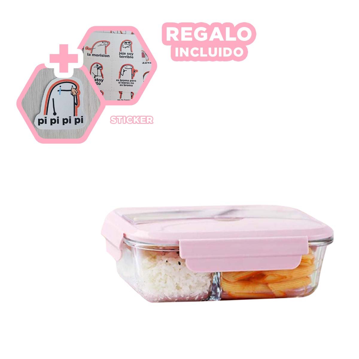 MODULAR PORTATIL DE VIDRIO CON 2 DIVISIONES, CUBIERTOS Y TAPA ROSADO Y+REGALO STICKER - 1