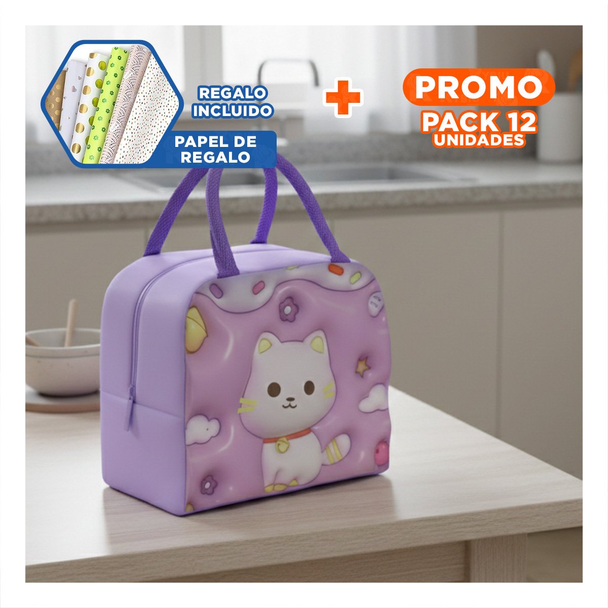 PACK12 BOLSA DE ALMUERZO PARA DIAS EN MOVIMIENTO LILA Y+PAPEL REGALO - 1