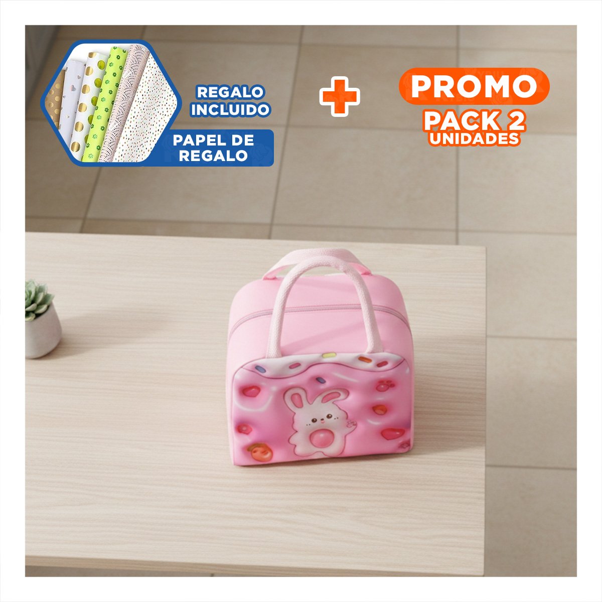 PACK2 RECIPIENTE TERMICO CON ILUSTRACION FRONTAL INFANTIL ROSADO Y+PAPEL REGALO - 1