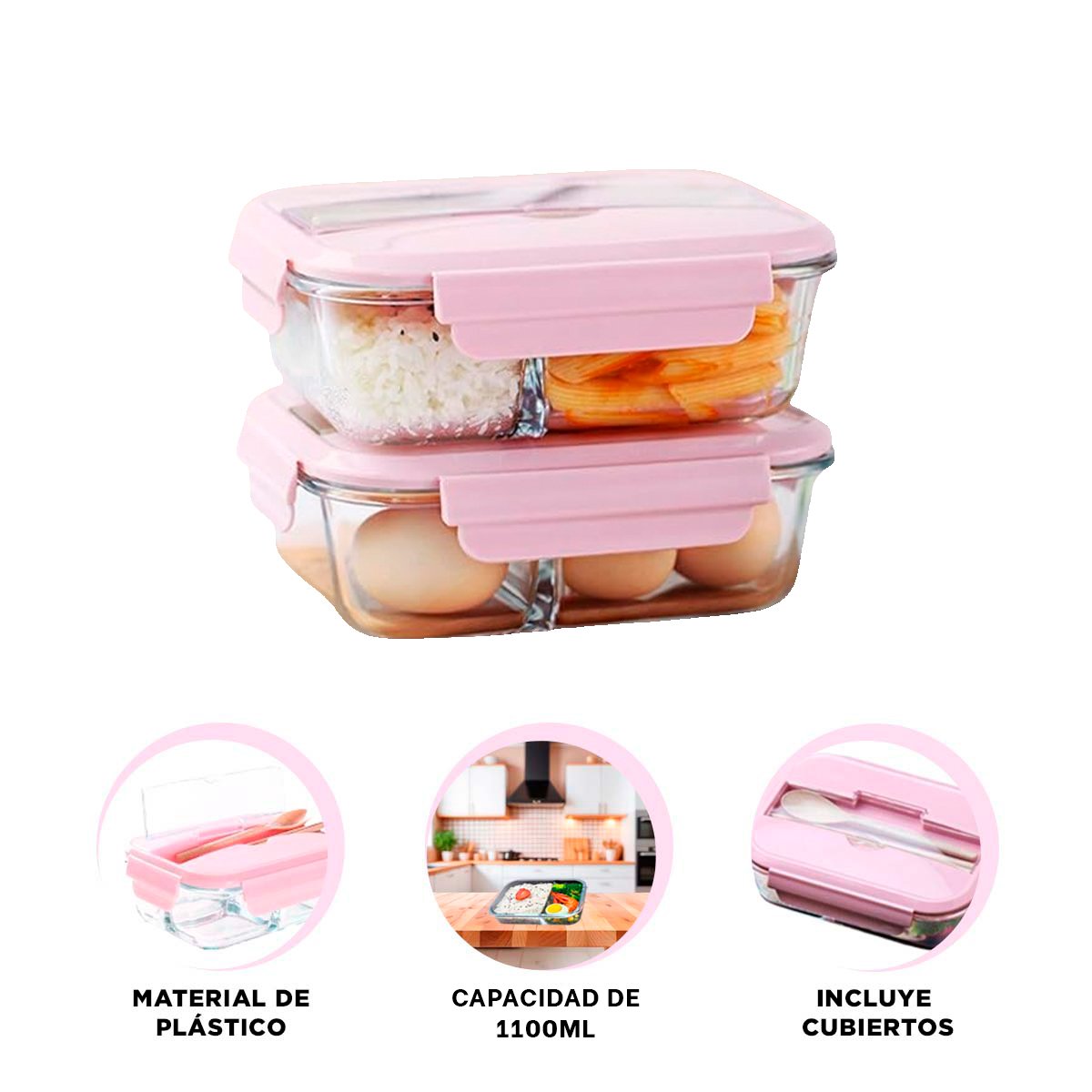 MODULAR DE VIDRIO CON 2 DIVISIONES, CUBIERTOS Y TAPA ROSADO PARA ORGANIZAR COMIDAS - 3