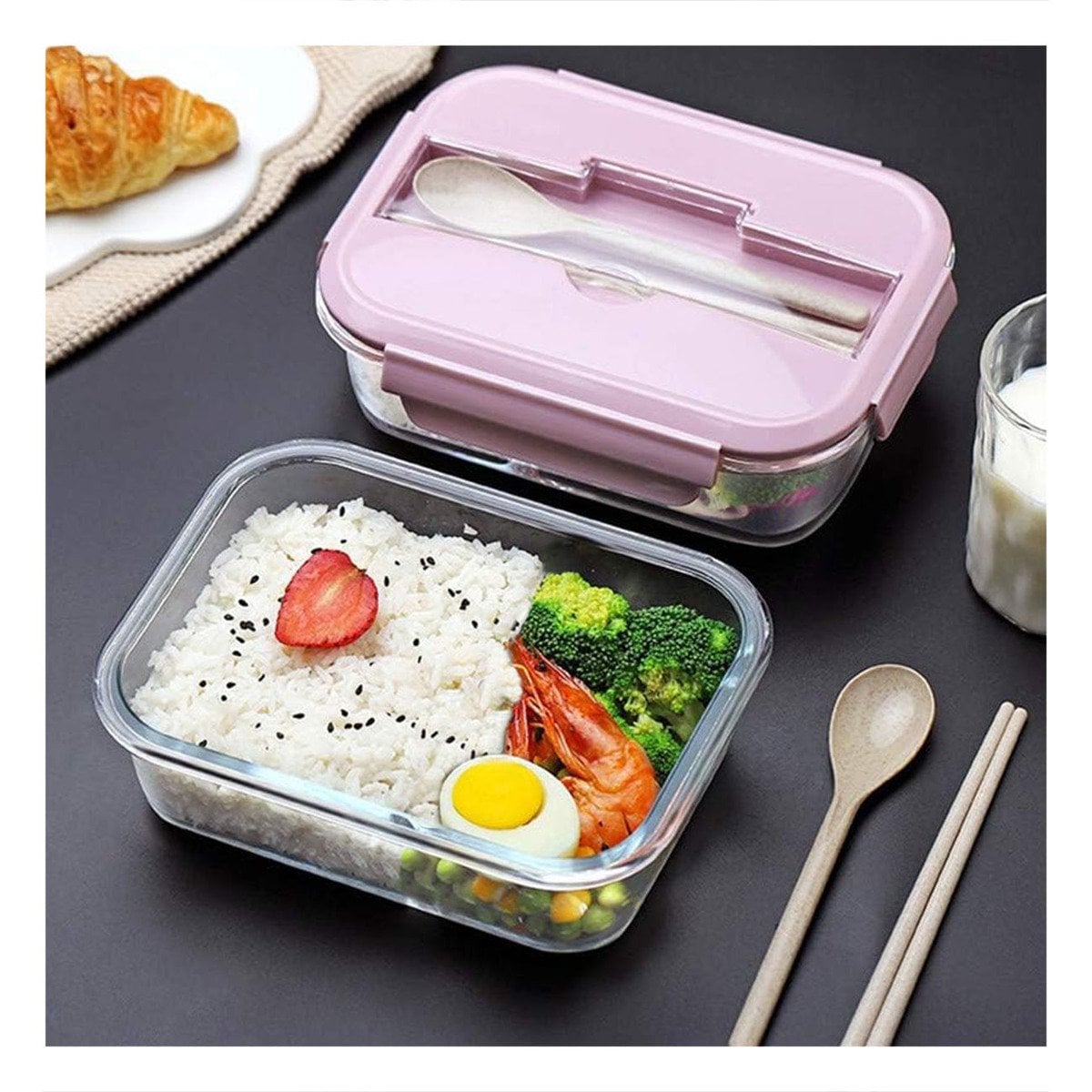 ENVASE DE VIDRIO CON CUBIERTOS PARA COMIDAS CASERAS ROSADO - 1