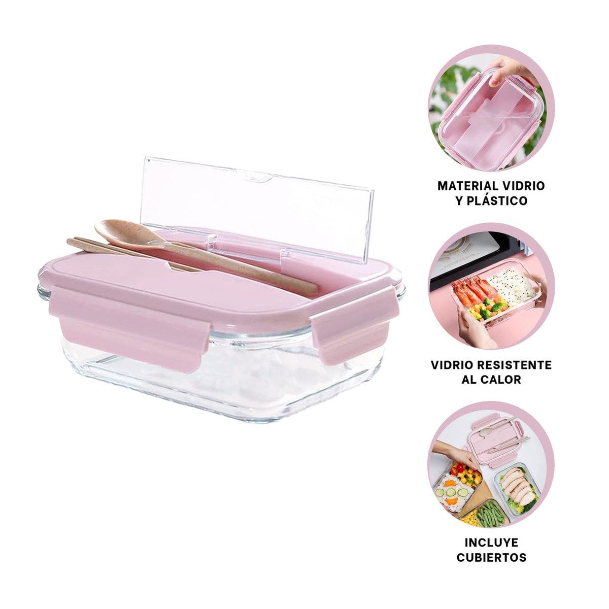 ENVASE DE VIDRIO CON CUBIERTOS PARA COMIDAS CASERAS ROSADO - 3