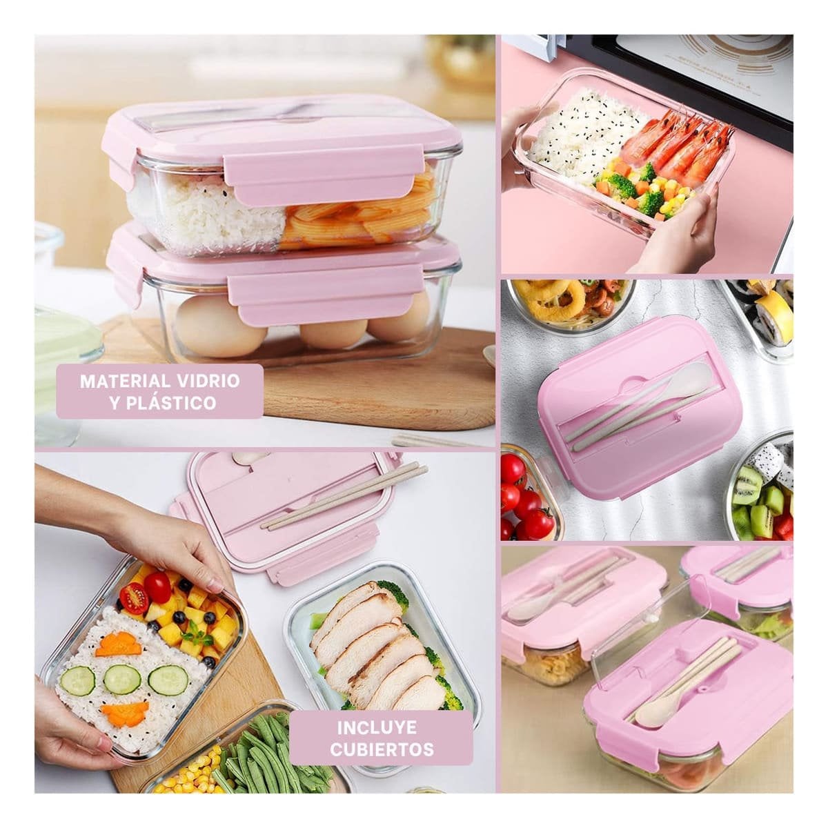 ENVASE DE VIDRIO CON CUBIERTOS PARA COMIDAS CASERAS ROSADO - 5