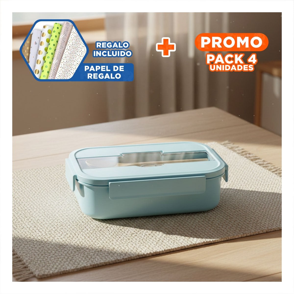 PACK4 CAJA DE ALMUERZO DE VIDRIO CON ACCESORIOS CELESTE Y+PAPEL REGALO - 1