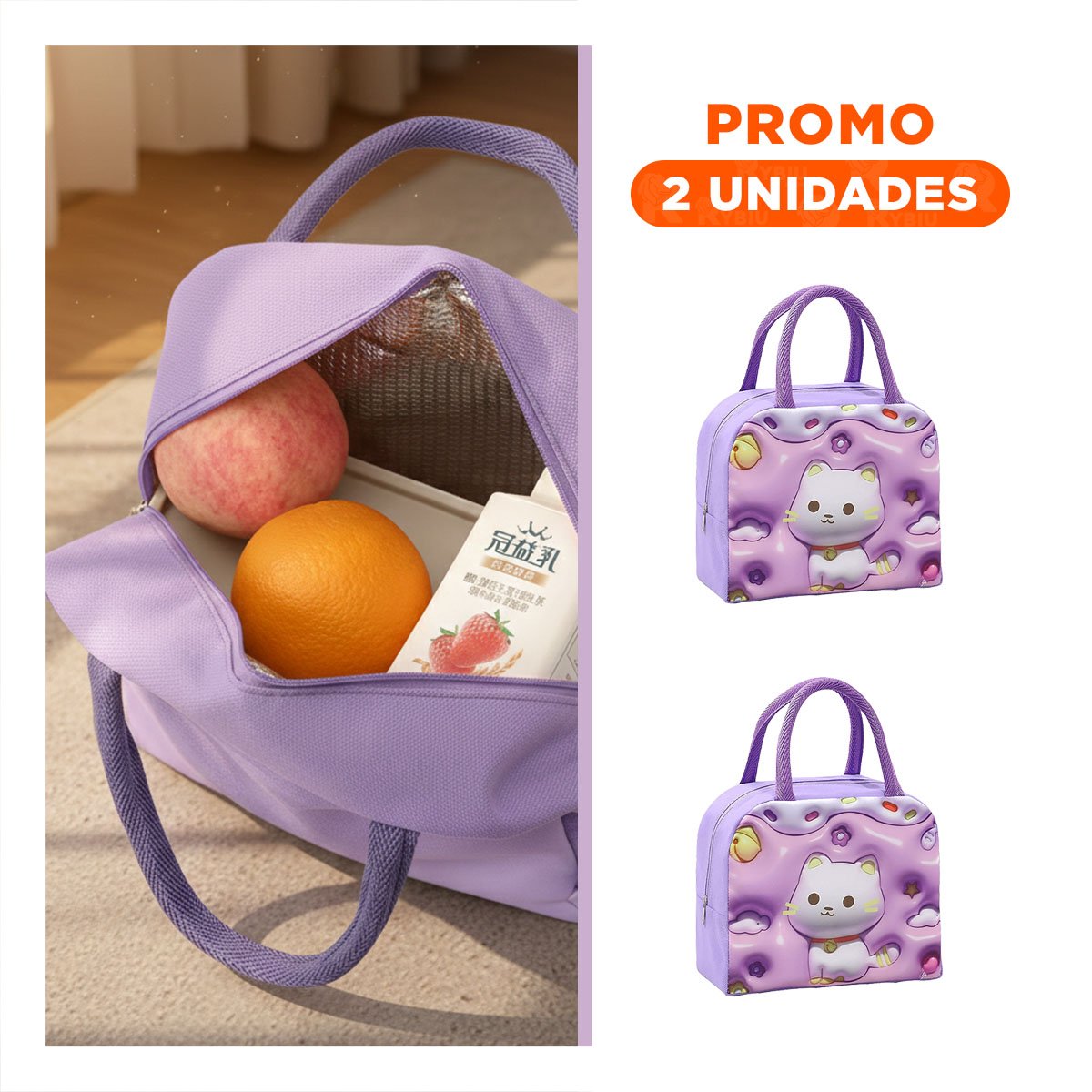 PACK2 PORTA ALIMENTOS KAWAII GATO CON TOQUE DULCE LILA - 1