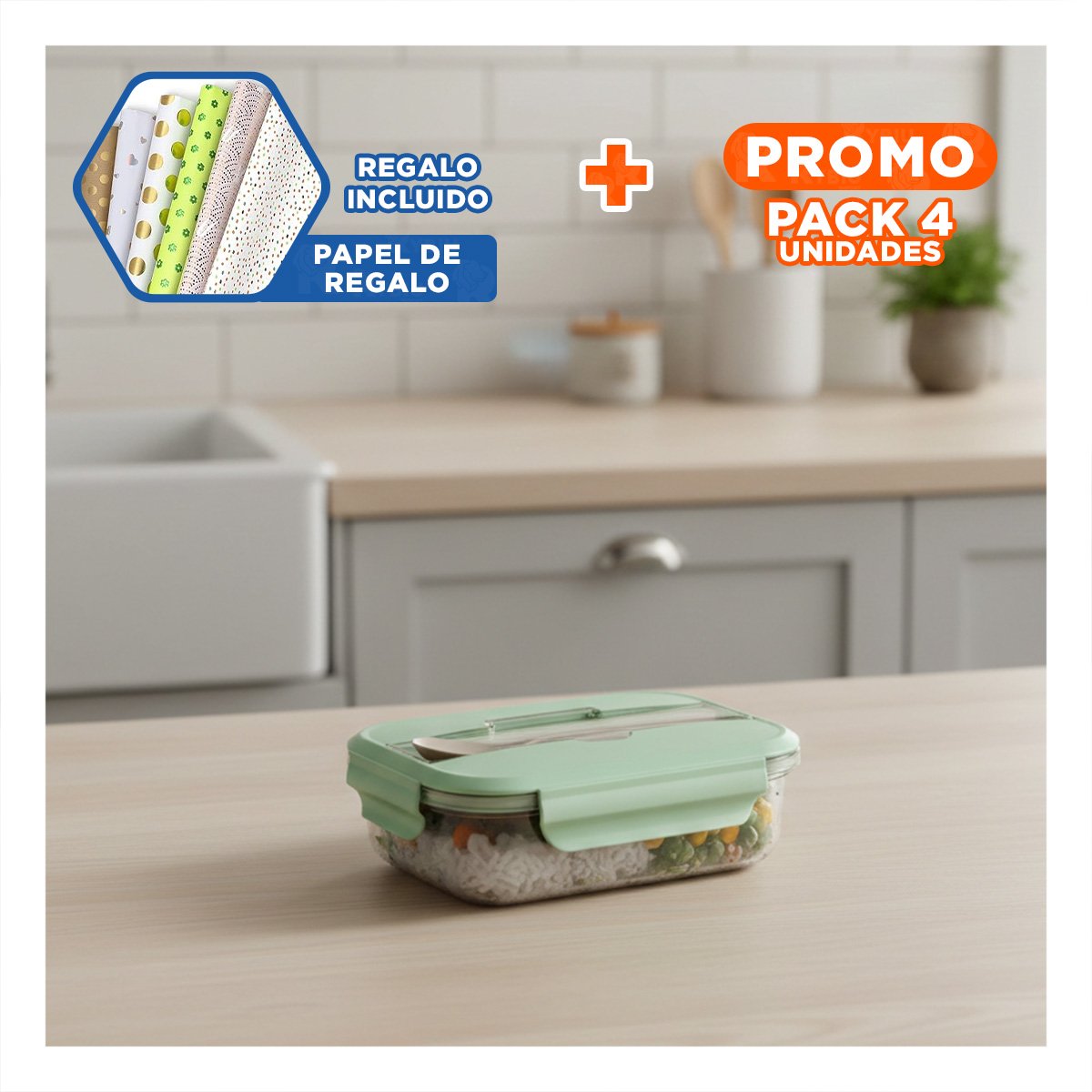 PACK4 CAJA DE ALMUERZO EN VIDRIO CON DIVISIONES VERDE Y+PAPEL REGALO - 1