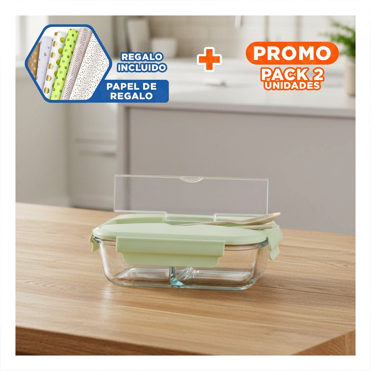 PACK2 UNIDAD HERMETICA DE VIDRIO CON CUBIERTOS AJUSTE VERDE Y+PAPEL REGALO - 1