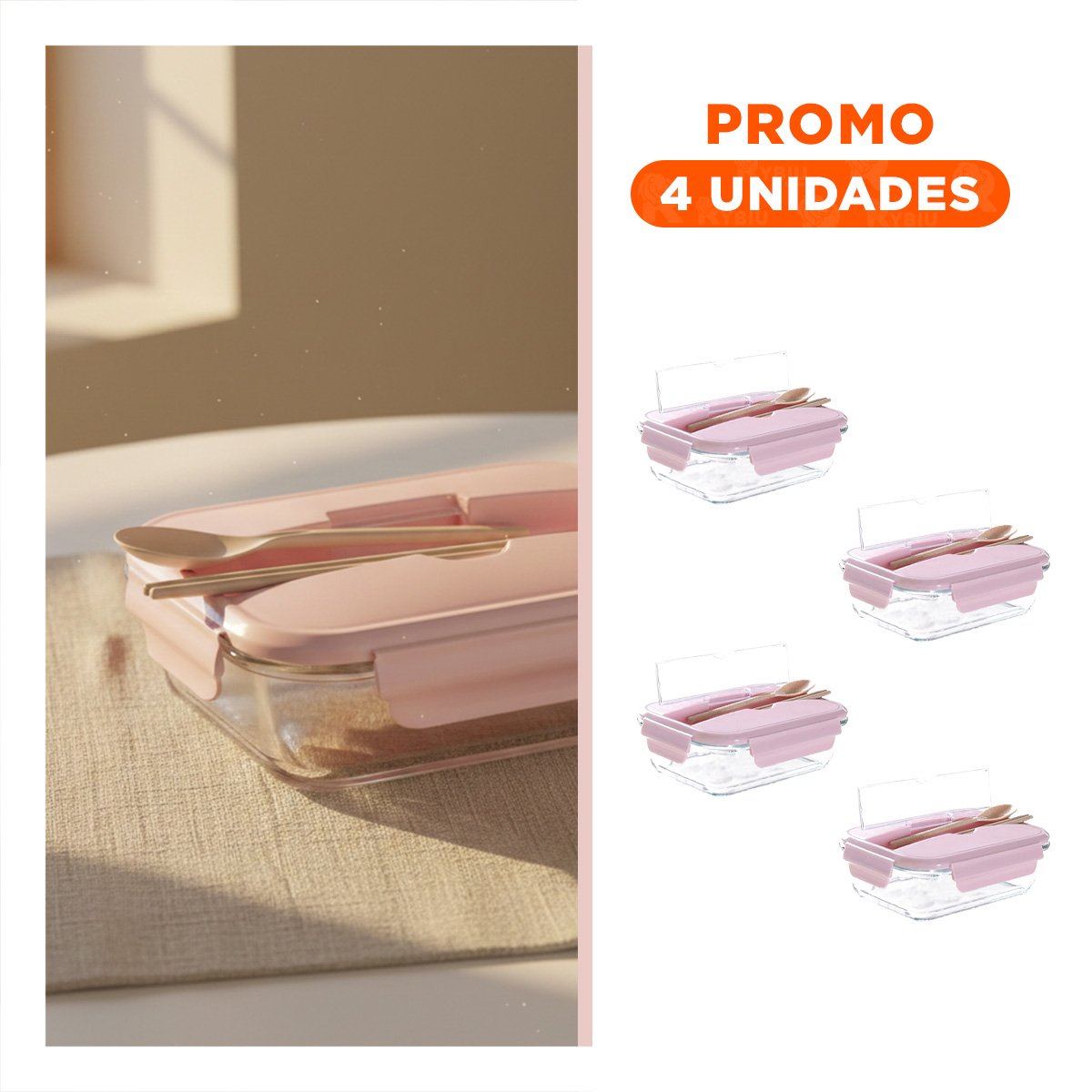 PACK4 ALMACENADOR DE VIDRIO CON SET PERSONAL ROSADO Y+REGALO STICKER - 1