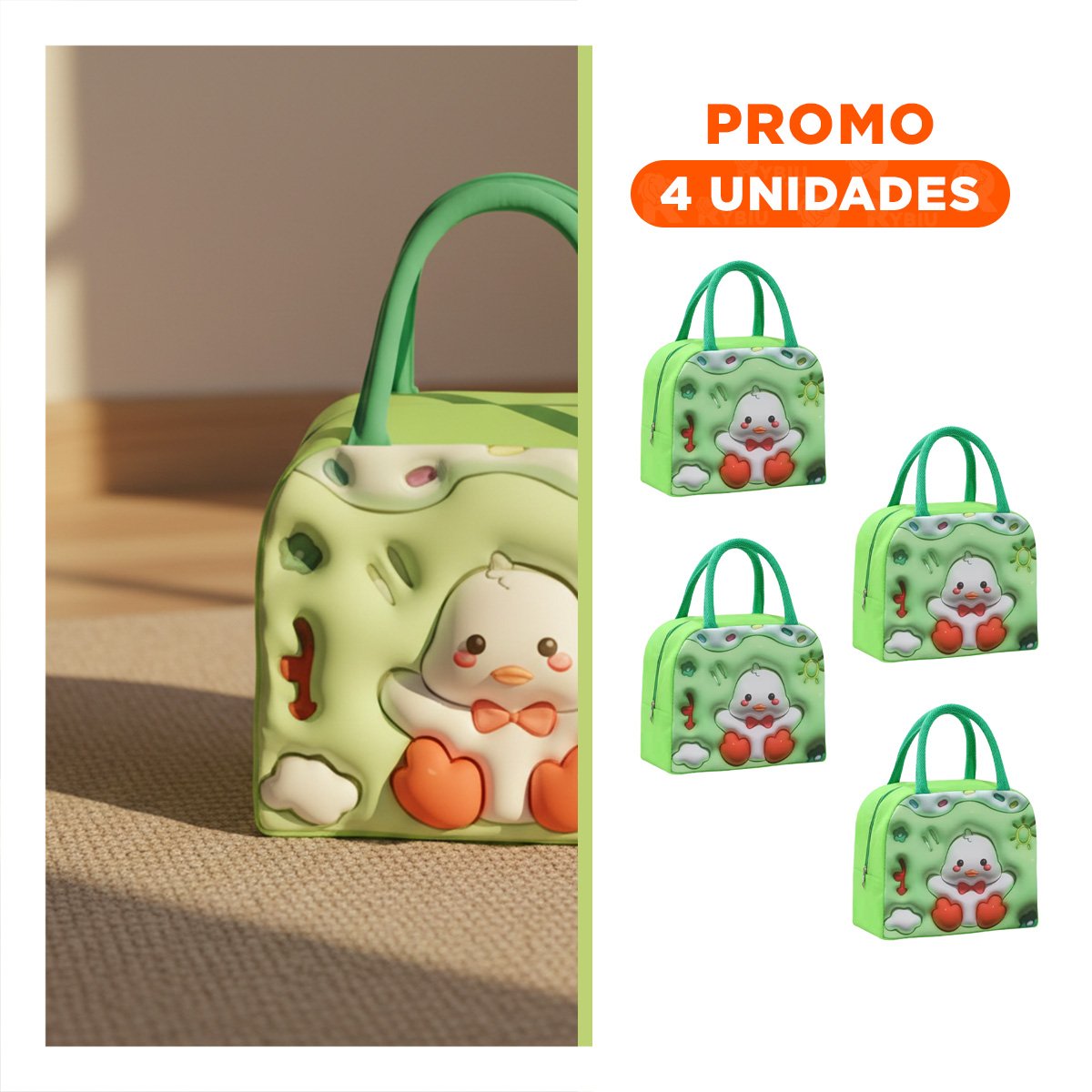 PACK4 FIAMBRERA TERMICA KAWAII PATO PARA COMIDAS DIARIAS VERDE Y+REGALO STICKER - 1
