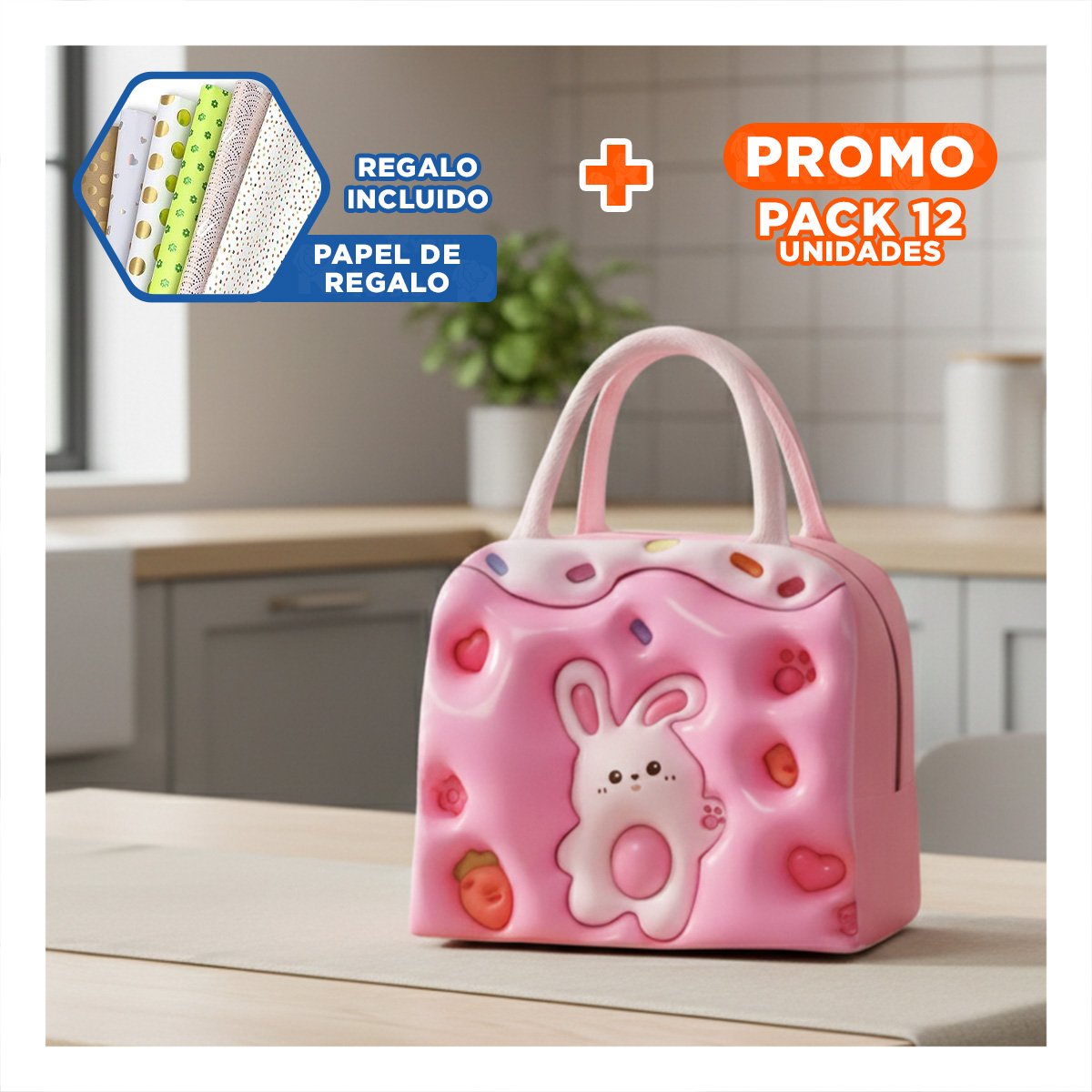 PACK12 PORTA VIANDAS TERMICO PRACTICO CON CONEJO ALEGRE ROSADO Y+PAPEL REGALO - 1