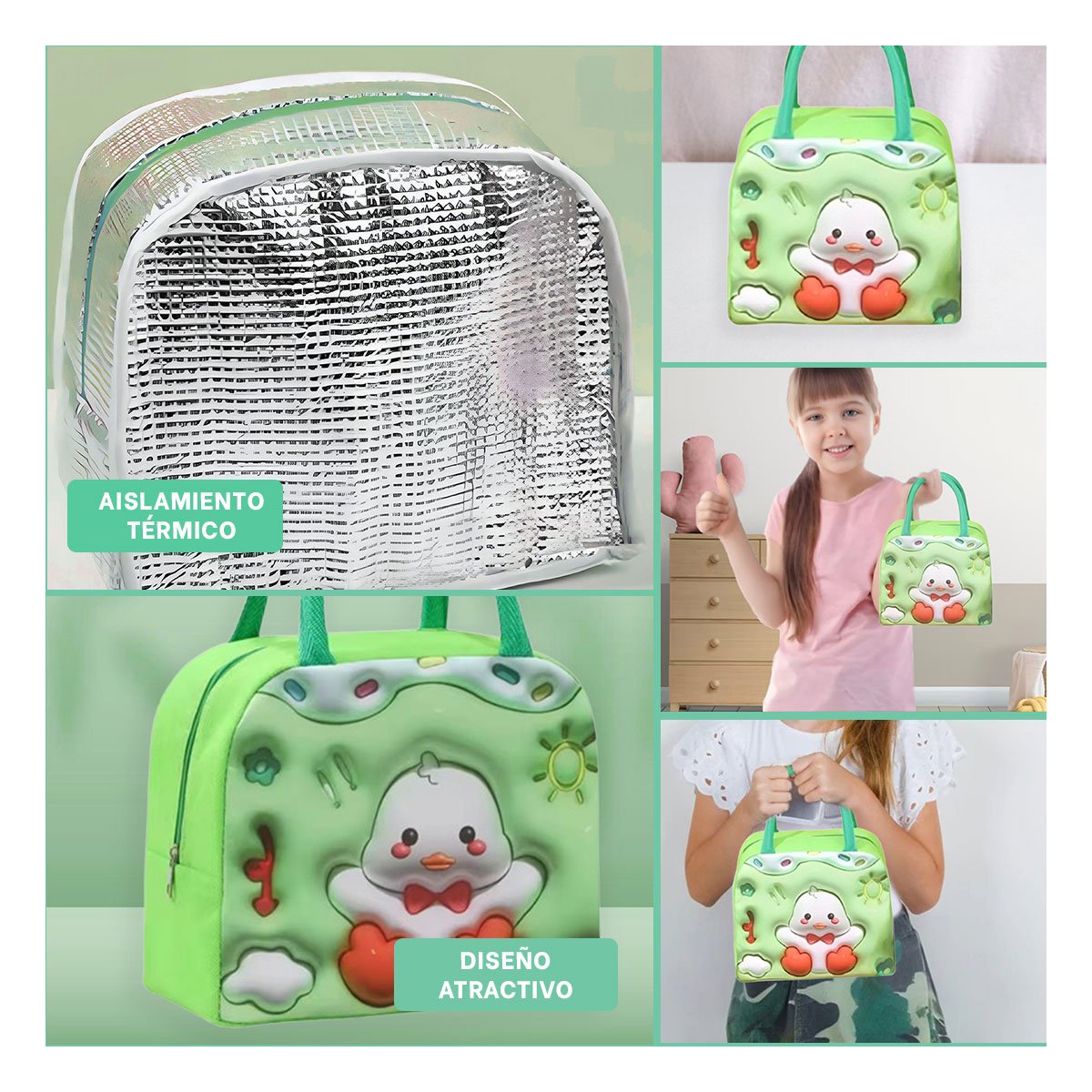 PORTA ALIMENTOS TERMICO KAWAII PATO PARA SNACKS DIARIOS VERDE - 5